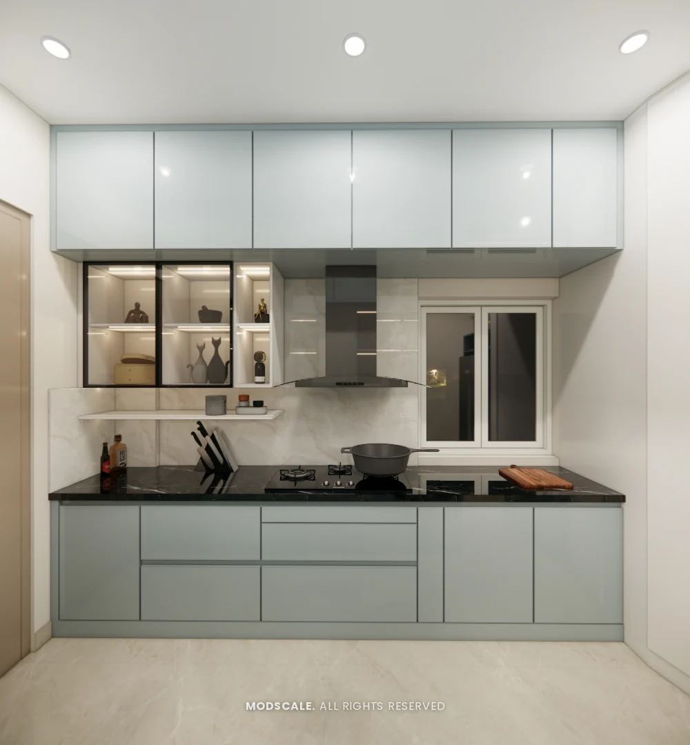 Kitchen hob wall with pale blue-grey base and loft units, glass display cabinets and dark counter, Sugam’s villa interior at The Lake View Address, Electronic City