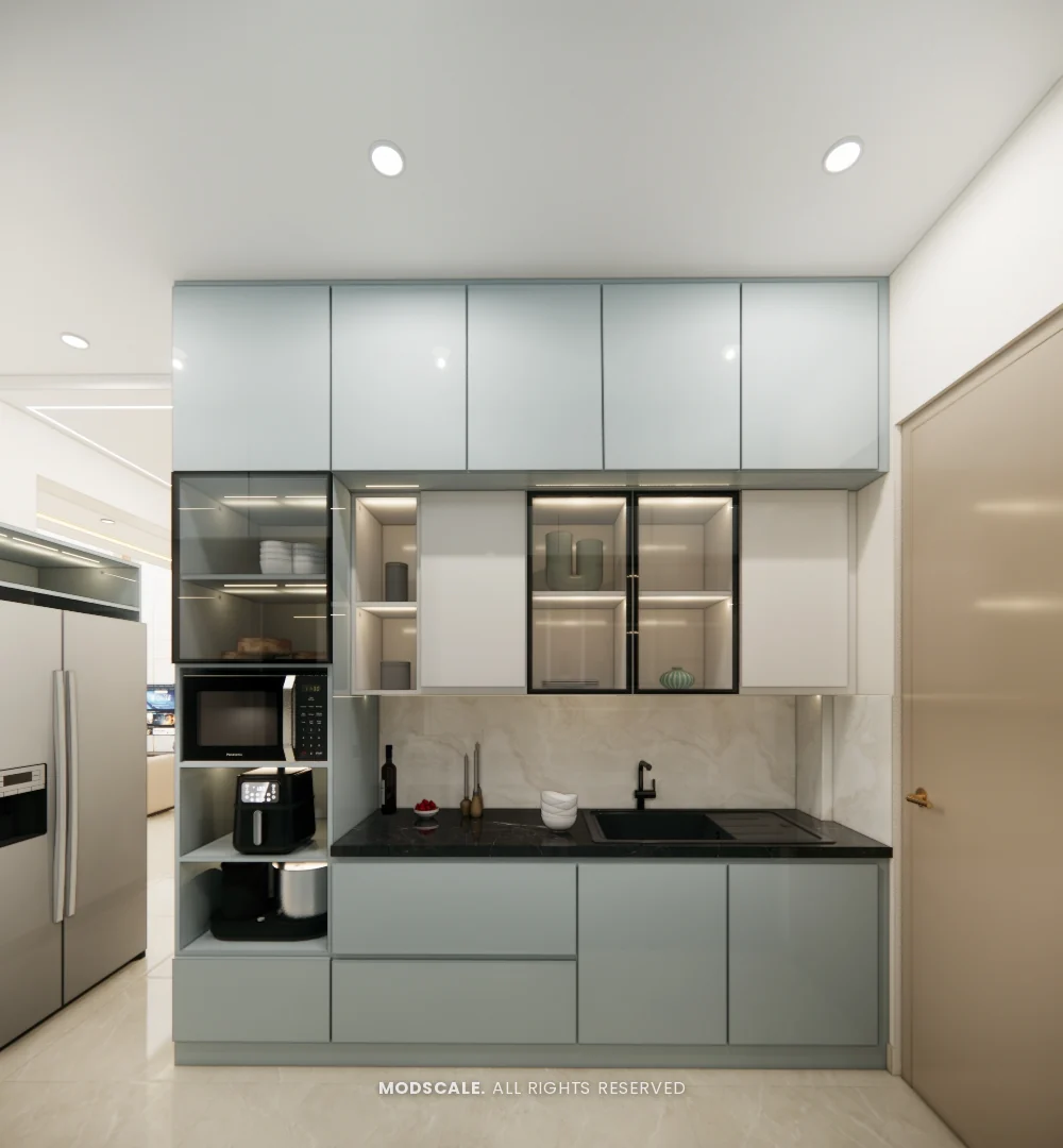 Kitchen sink counter with tall appliance unit and black-framed glass wall cabinets, Sugam’s villa interior at The Lake View Address, Electronic City