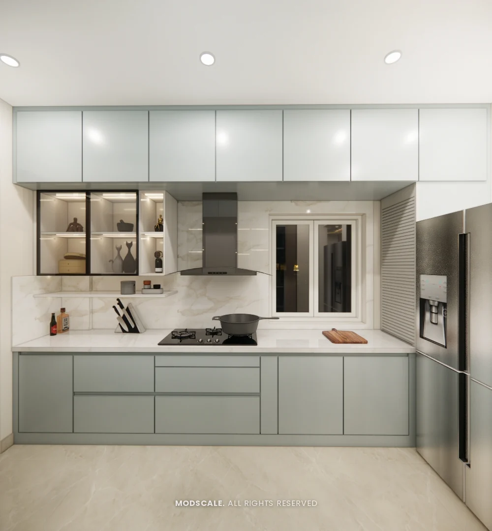 Kitchen option with white counter and built-in refrigerator, Sugam’s villa interior at The Lake View Address, Electronic City