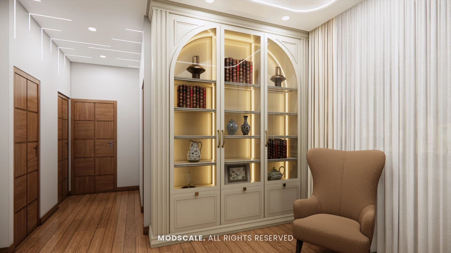 Classic bookcase beside the passage with wooden flooring, Sugam’s villa interior at The Lake View Address, Electronic City