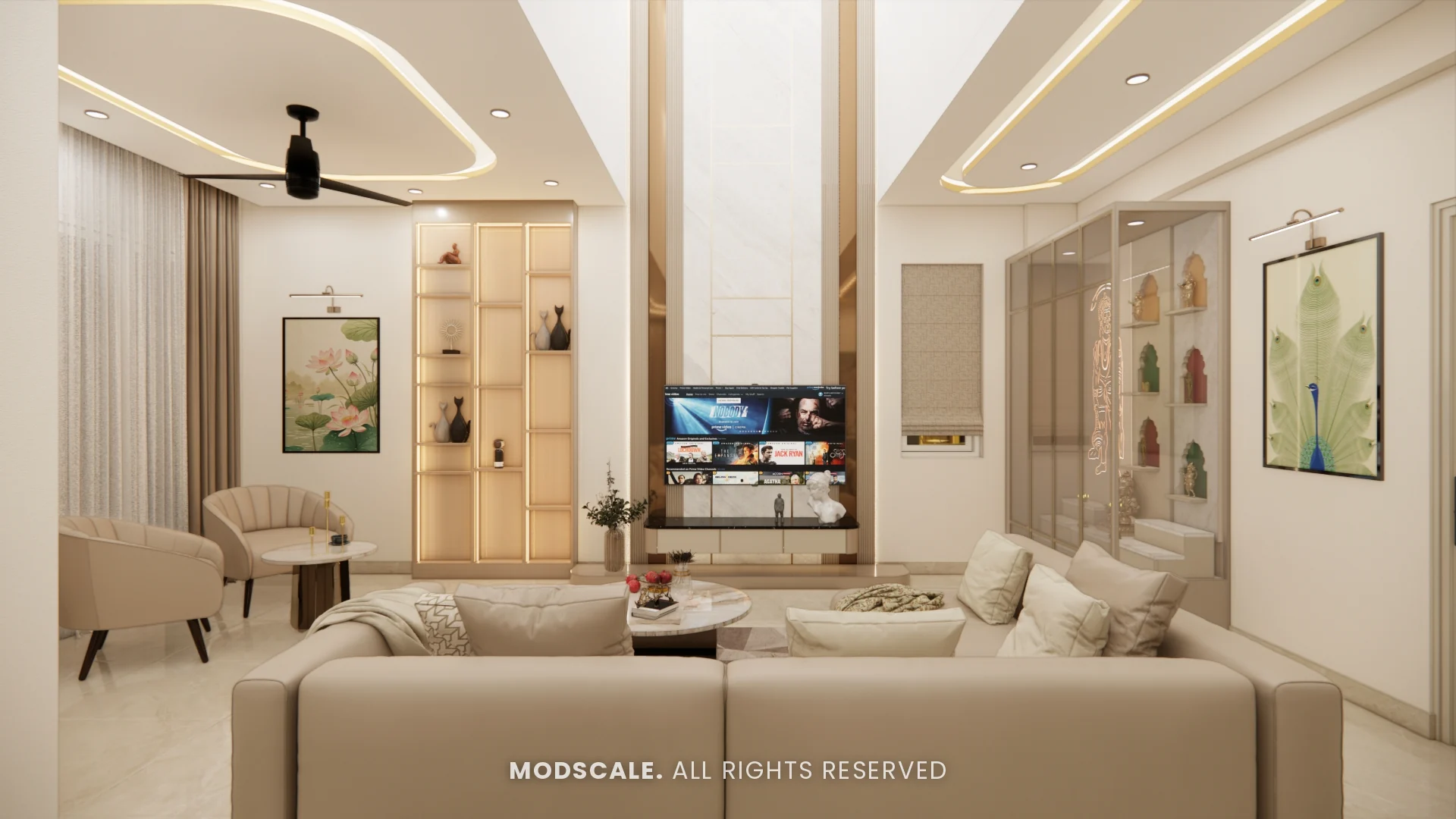 Living room with cream sectional sofa, full-height marble-finish TV wall, backlit display shelves and glass-fronted pooja unit, Sugam’s villa interior at The Lake View Address, Electronic City