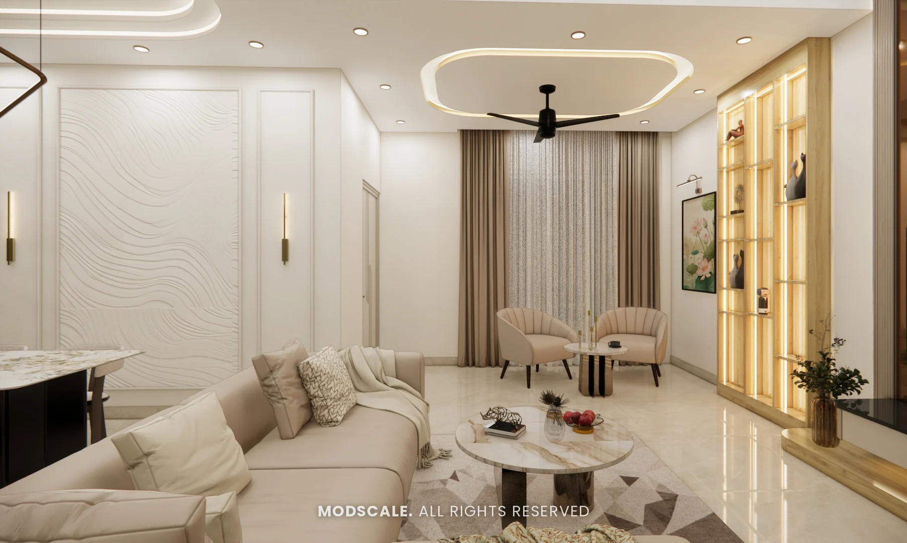 Living room seating with round coffee table, lounge chairs by the window and textured wall panel, Sugam’s villa interior at The Lake View Address, Electronic City