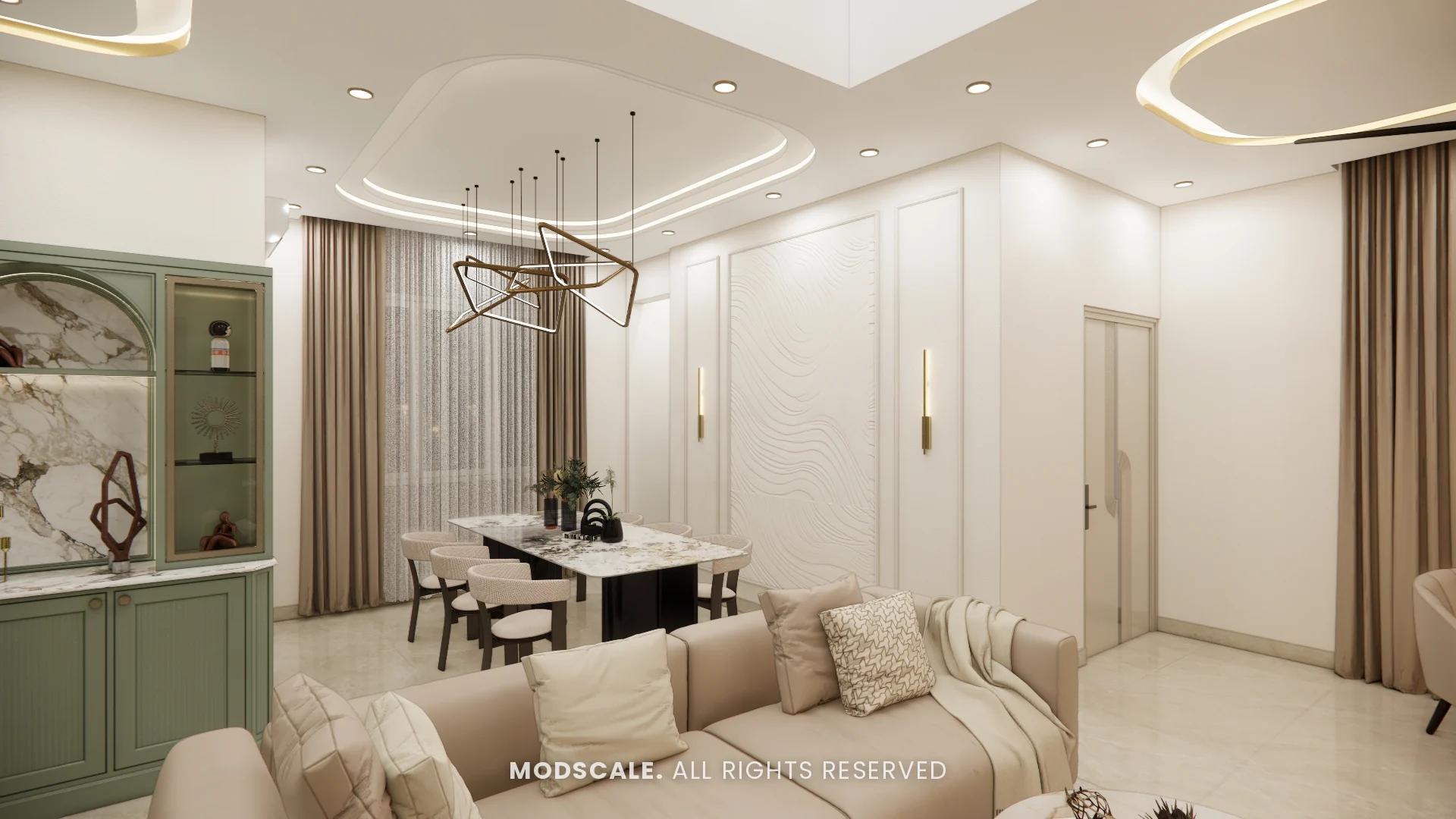 Open living and dining space with cove-lit ceiling and sage green crockery unit, Sugam’s villa interior at The Lake View Address, Electronic City