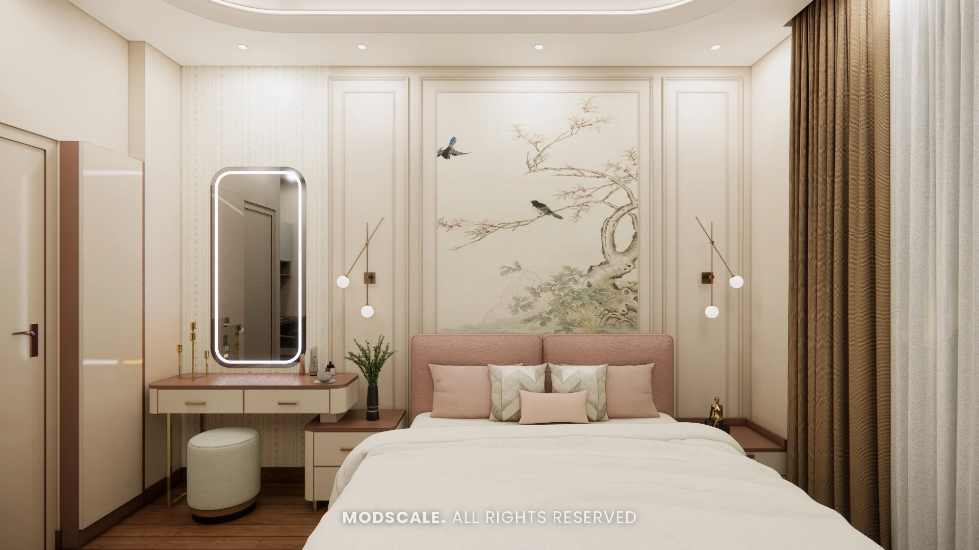 Master bedroom with blush bed, bird-and-blossom mural and dresser with backlit mirror, Sugam’s villa interior at The Lake View Address, Electronic City
