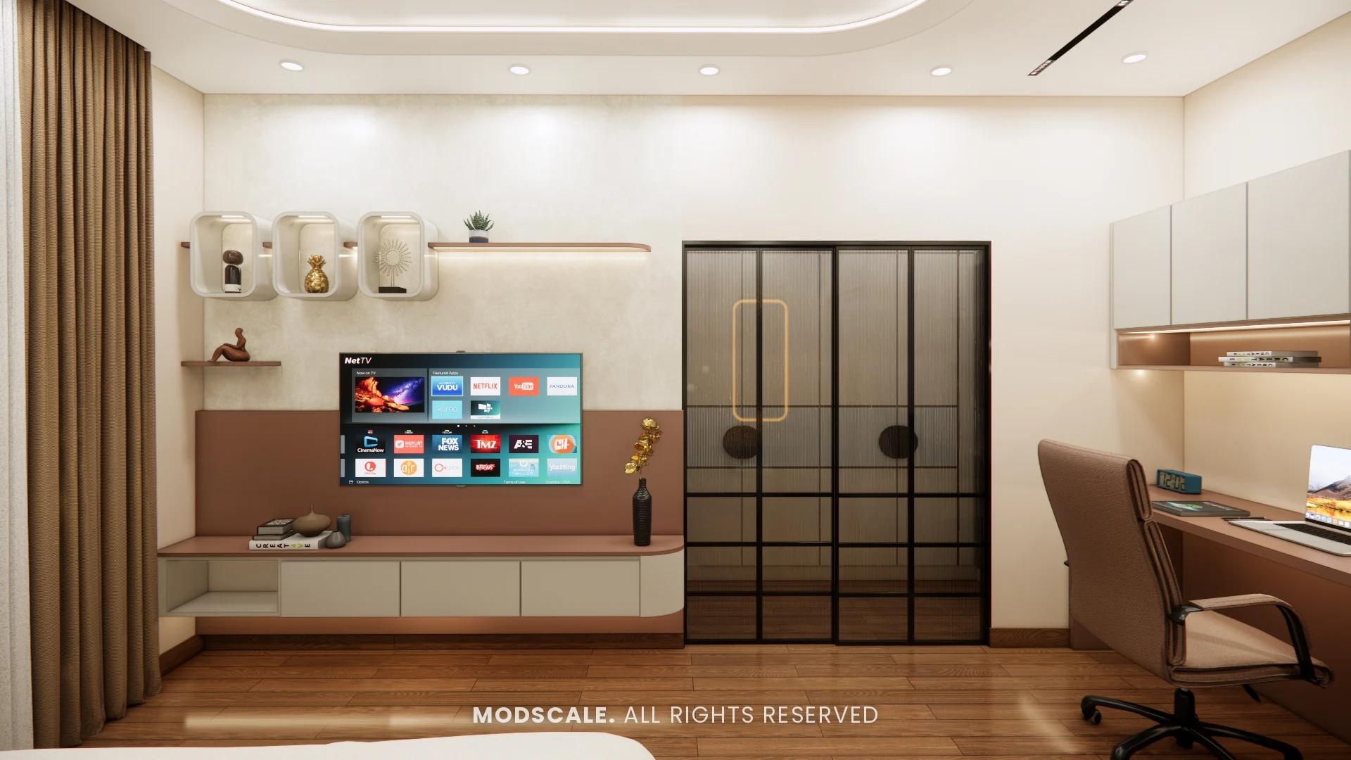 Master bedroom TV wall with cinnamon panel, display niches and fluted glass sliding doors, Sugam’s villa interior at The Lake View Address, Electronic City