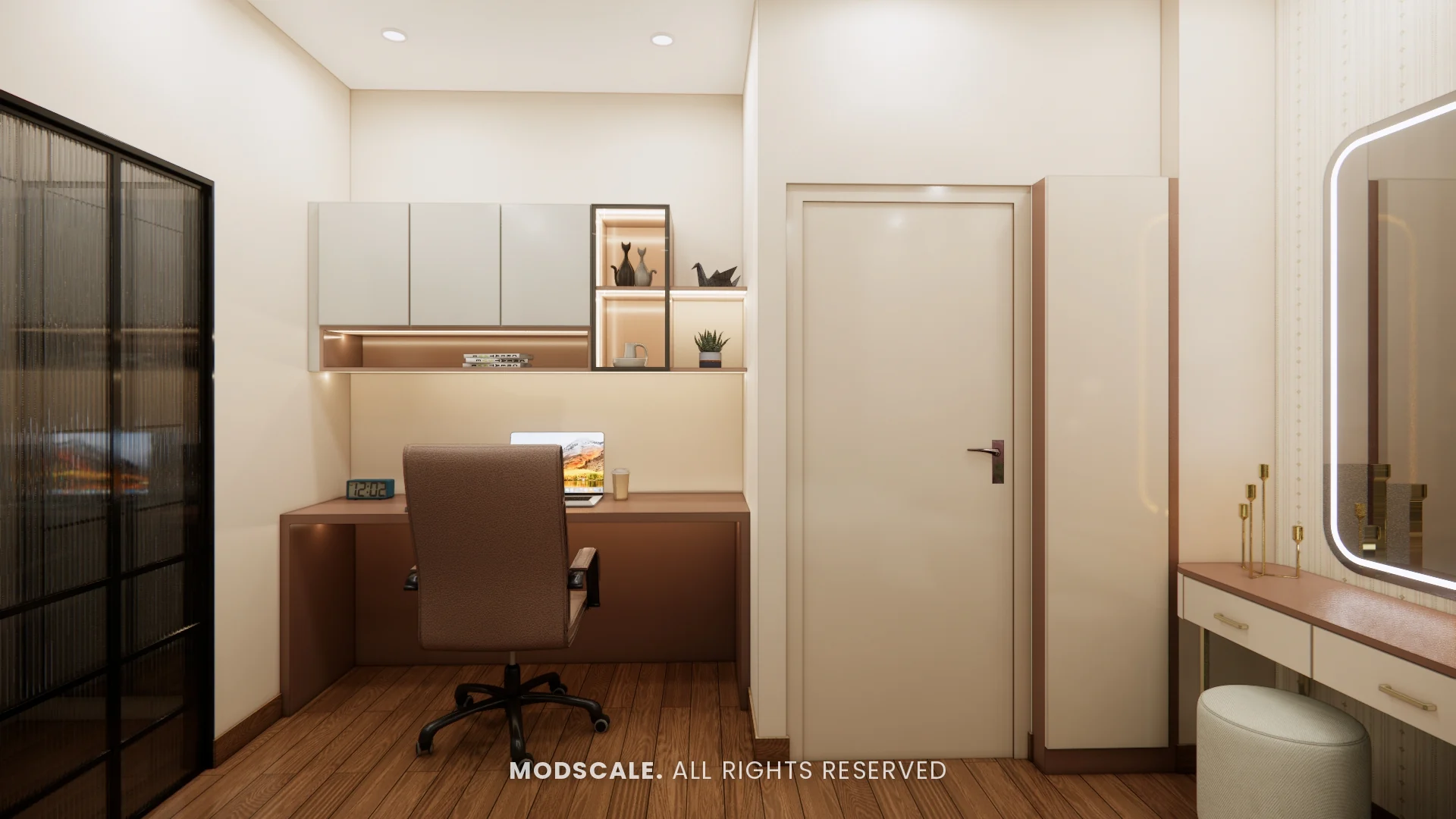 Master bedroom study desk with overhead cabinets beside the dresser, Sugam’s villa interior at The Lake View Address, Electronic City