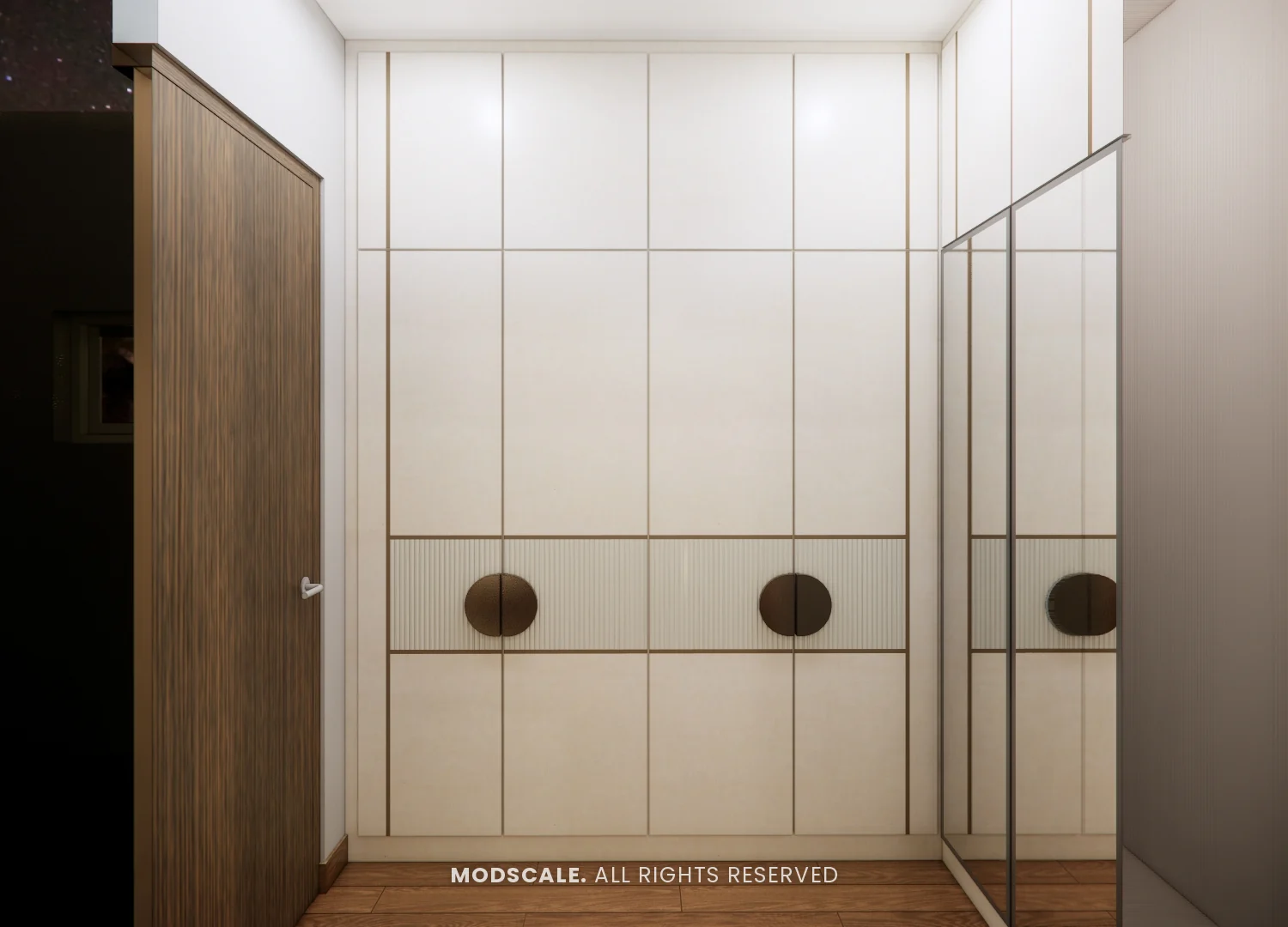 Full-height ivory wardrobe with fluted band and round handles, Sugam’s villa interior at The Lake View Address, Electronic City