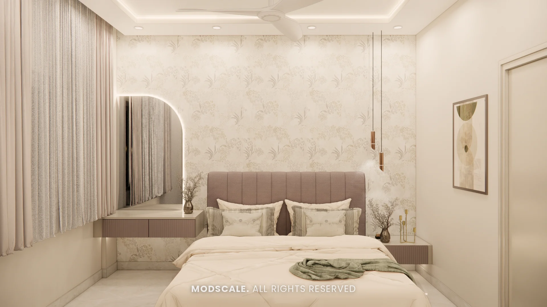 Parents bedroom with blush upholstered bed, floral wallpaper and arched backlit mirror, Sugam’s villa interior at The Lake View Address, Electronic City
