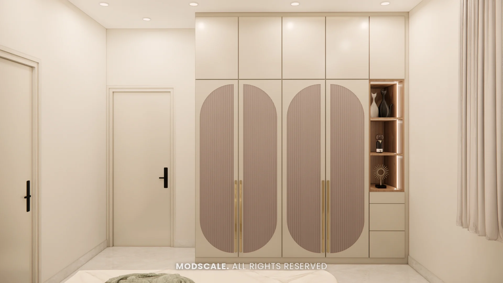 Wardrobe with fluted capsule-shaped shutter panels and open display shelves, Sugam’s villa interior at The Lake View Address, Electronic City