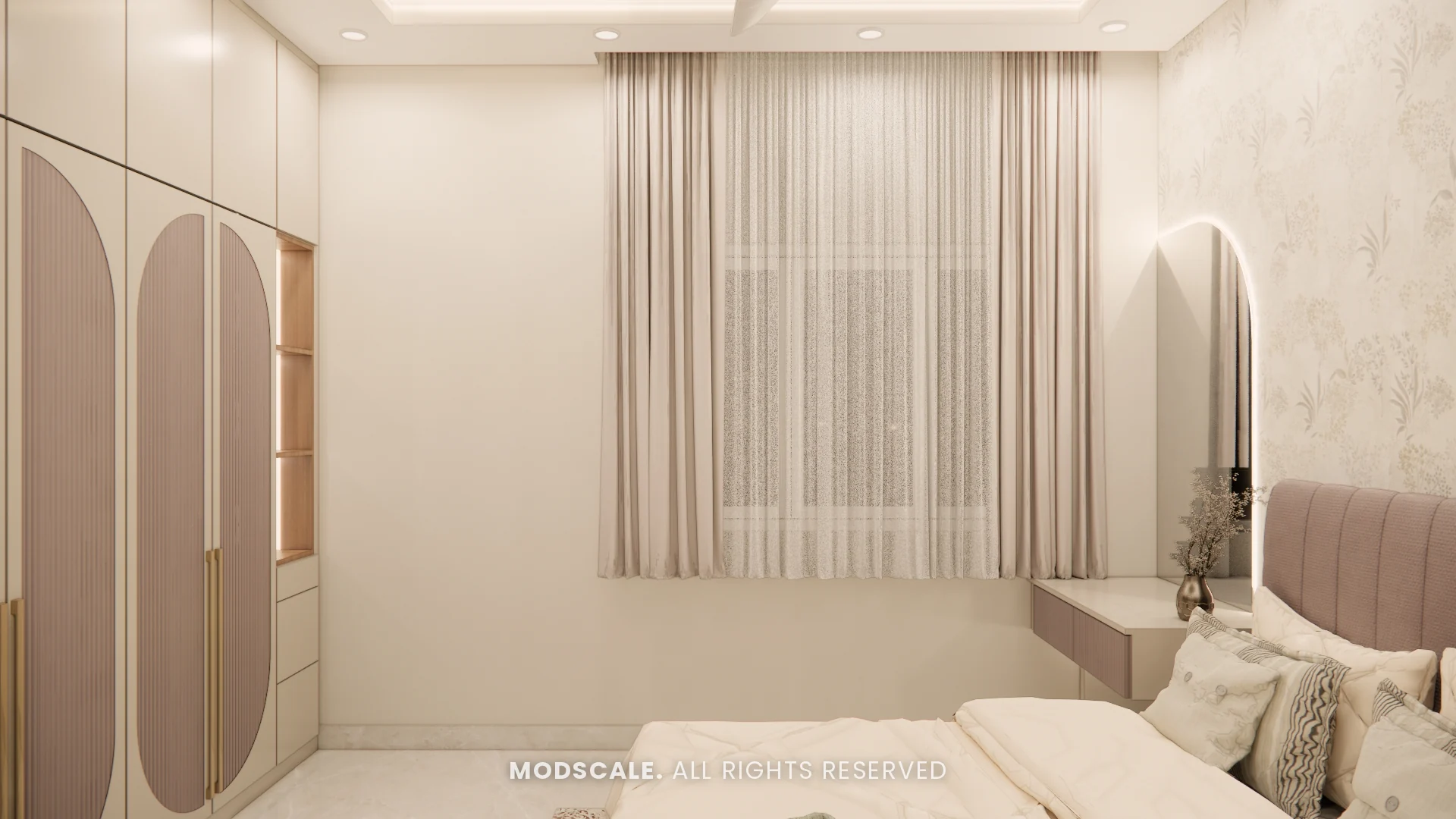 Parents bedroom window wall with sheer curtains between wardrobe and bed, Sugam’s villa interior at The Lake View Address, Electronic City