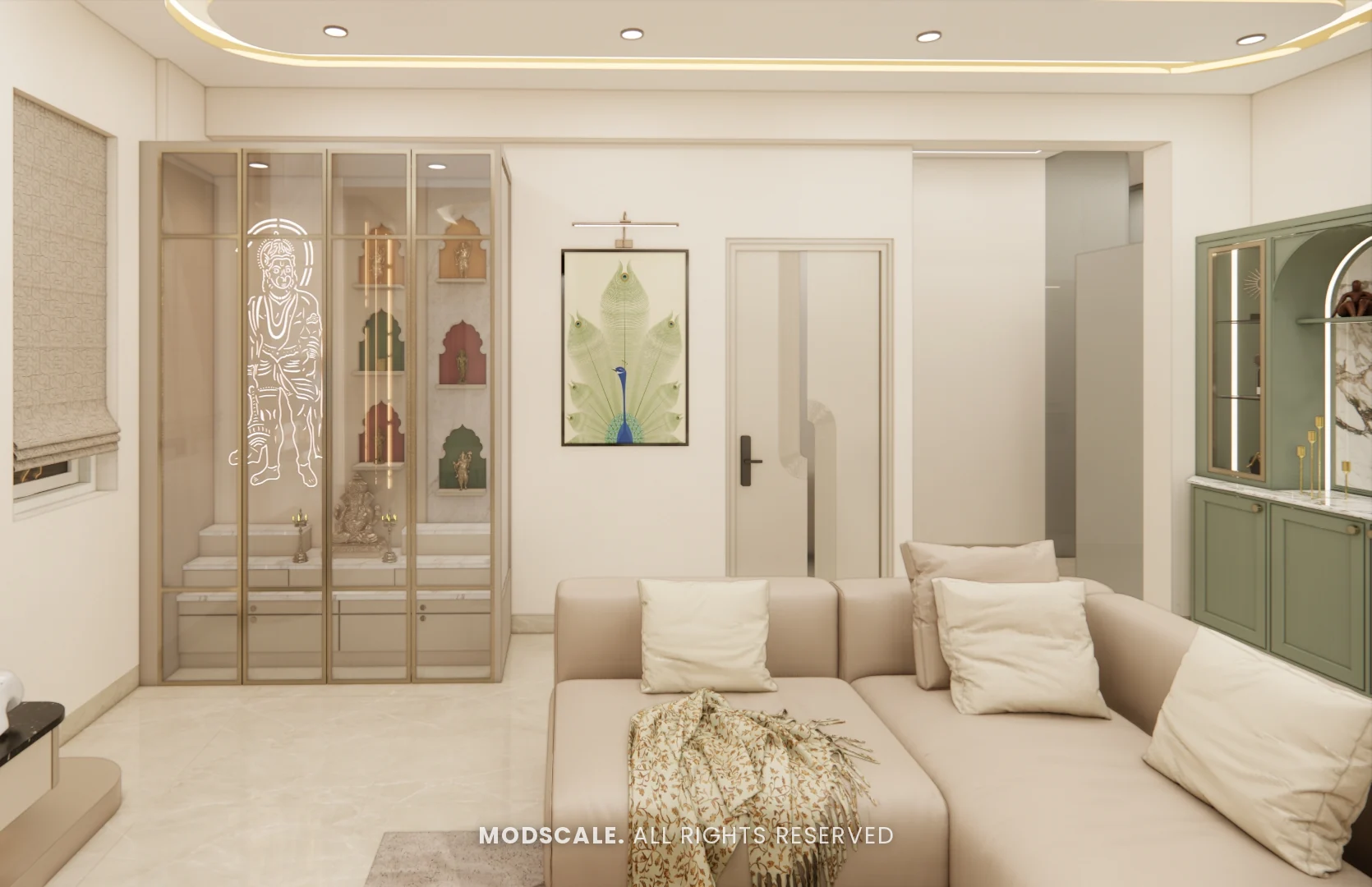 Pooja unit with glass shutters and coloured arched niches beside the sofa, Sugam’s villa interior at The Lake View Address, Electronic City