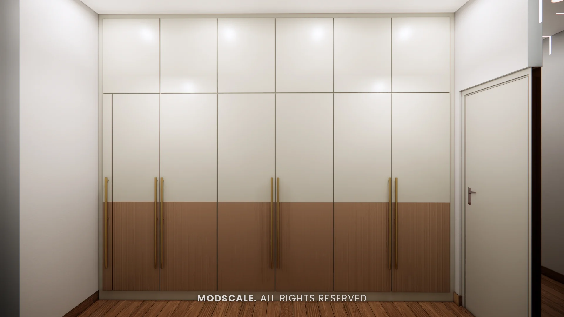 Walk-in wardrobe wall in egg white over a tan lower band with long brass handles, Sugam’s villa interior at The Lake View Address, Electronic City