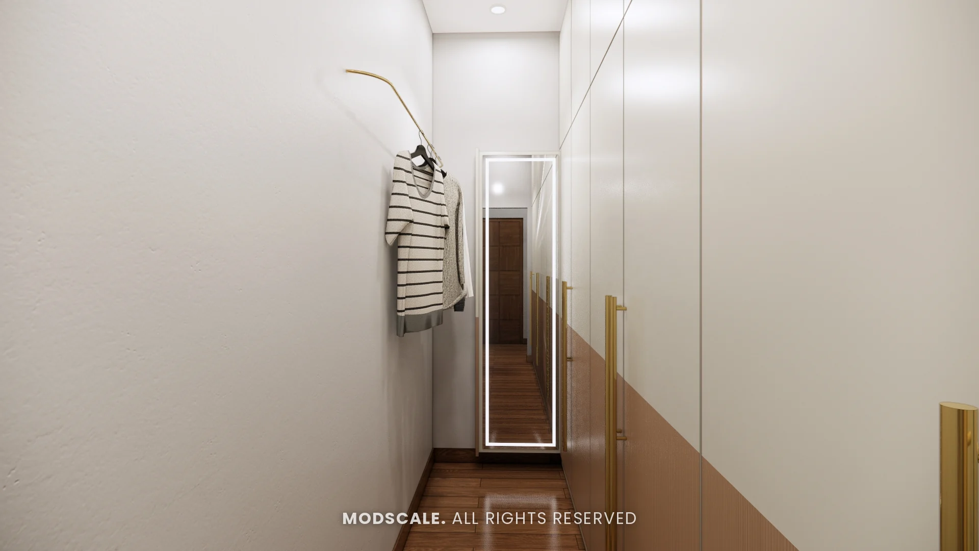 Walk-in wardrobe passage with backlit full-length mirror, Sugam’s villa interior at The Lake View Address, Electronic City