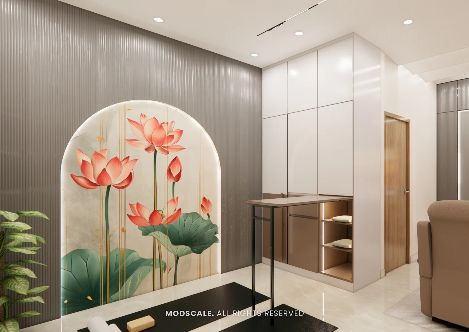 Yoga area with arched lotus mural on grey fluted wall panels and storage unit, Sugam’s villa interior at The Lake View Address, Electronic City