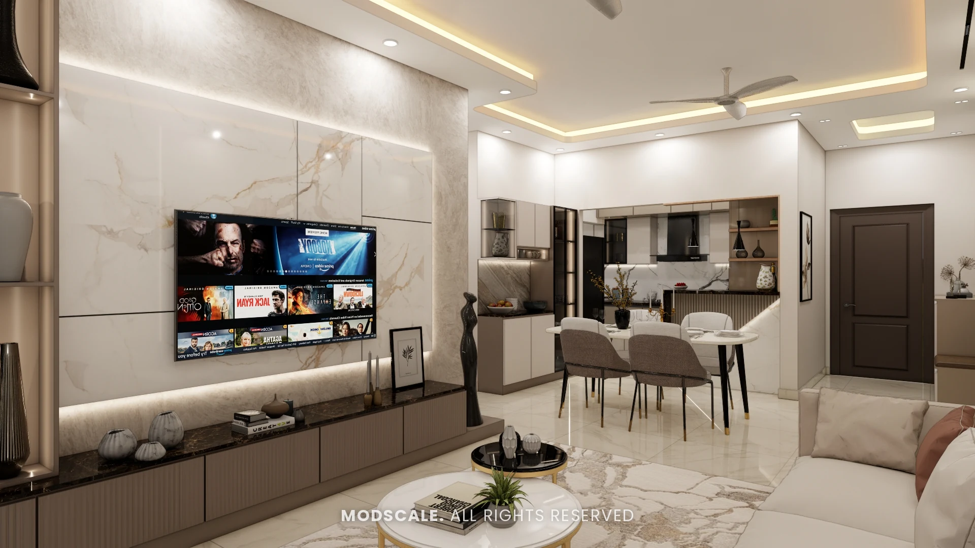 Open-plan living and dining area with marble-finish TV wall and kitchen beyond, Sumadhura Folium apartment interior