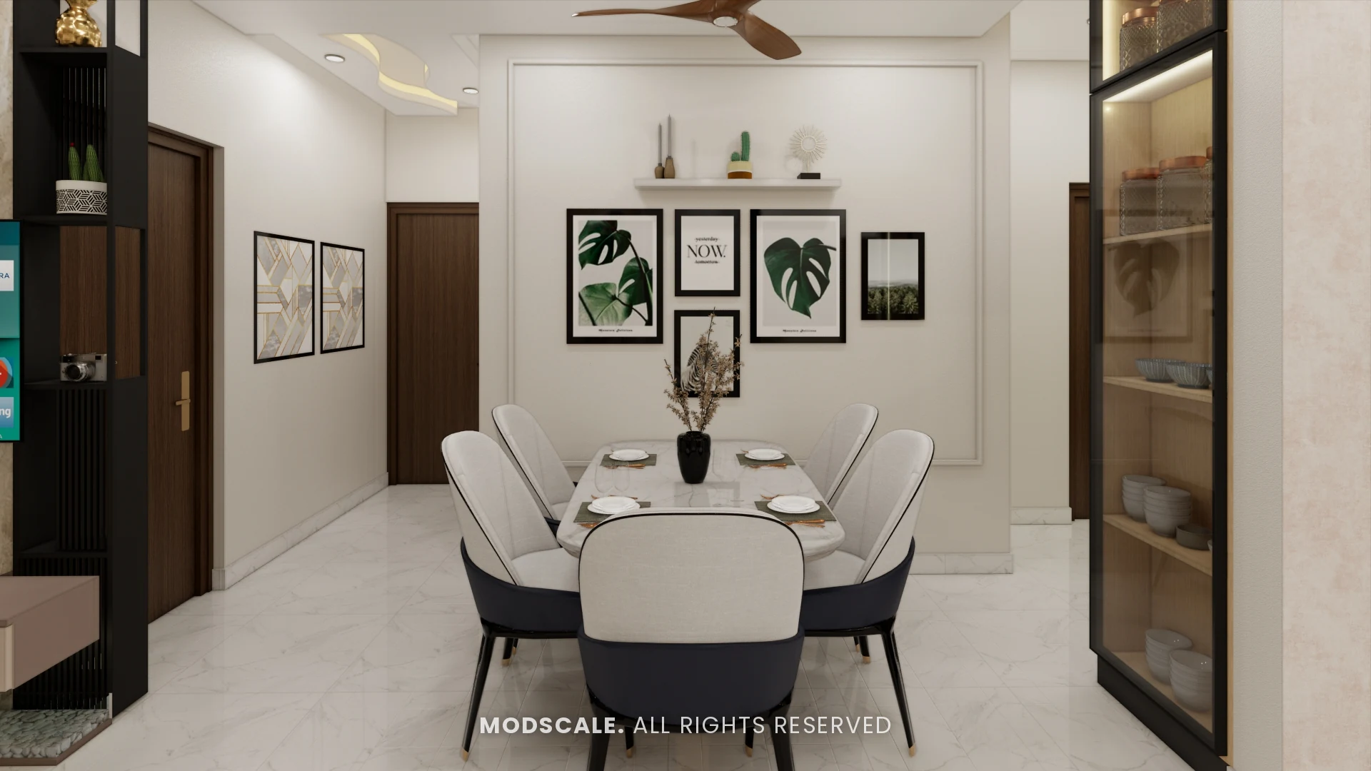 Six-seater dining area with botanical wall frames and glass-shutter crockery unit, Sumadhura Folium interiors