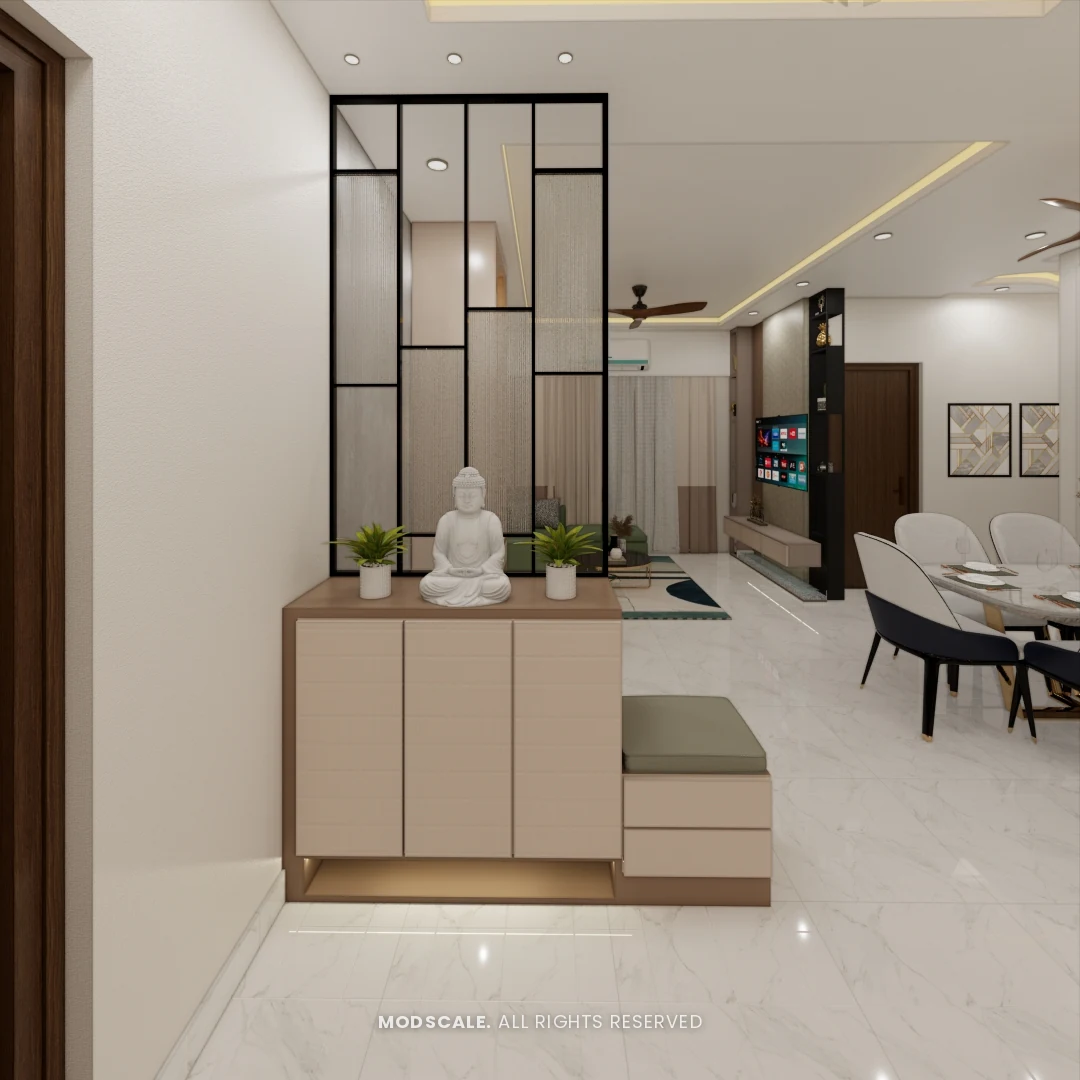 Foyer with slatted metal partition, pooja ledge and cream shoe cabinet in the Sumadhura Folium interior design for Sagar