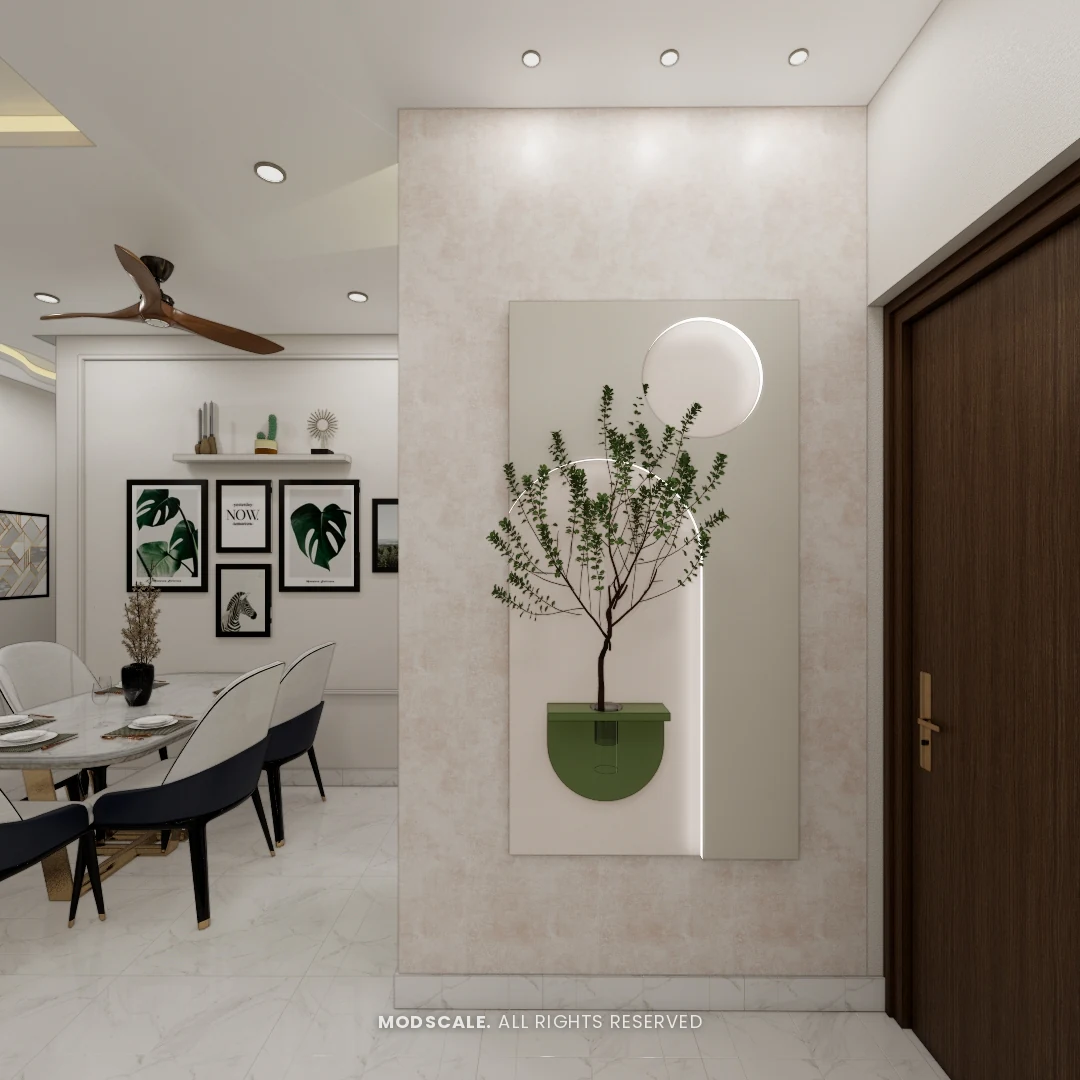 Foyer accent wall with leaf wall art and backlit panel beside the main door, Sumadhura Folium apartment interior