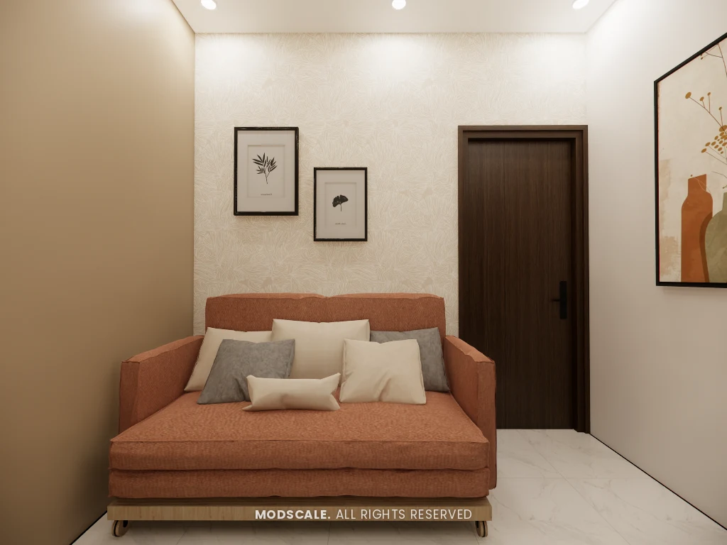 Guest bedroom with terracotta sofa-cum-bed and framed wall art, Sumadhura Folium apartment