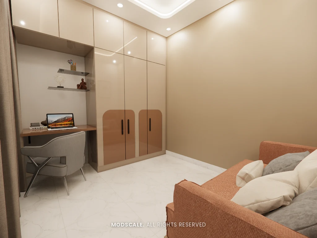 Guest bedroom wardrobe with arched shutters and compact study desk, Sumadhura Folium