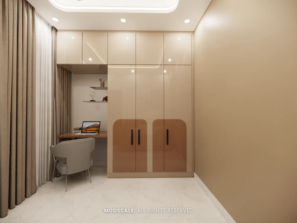 Guest bedroom storage wall with loft units and work corner, Sumadhura Folium interior design