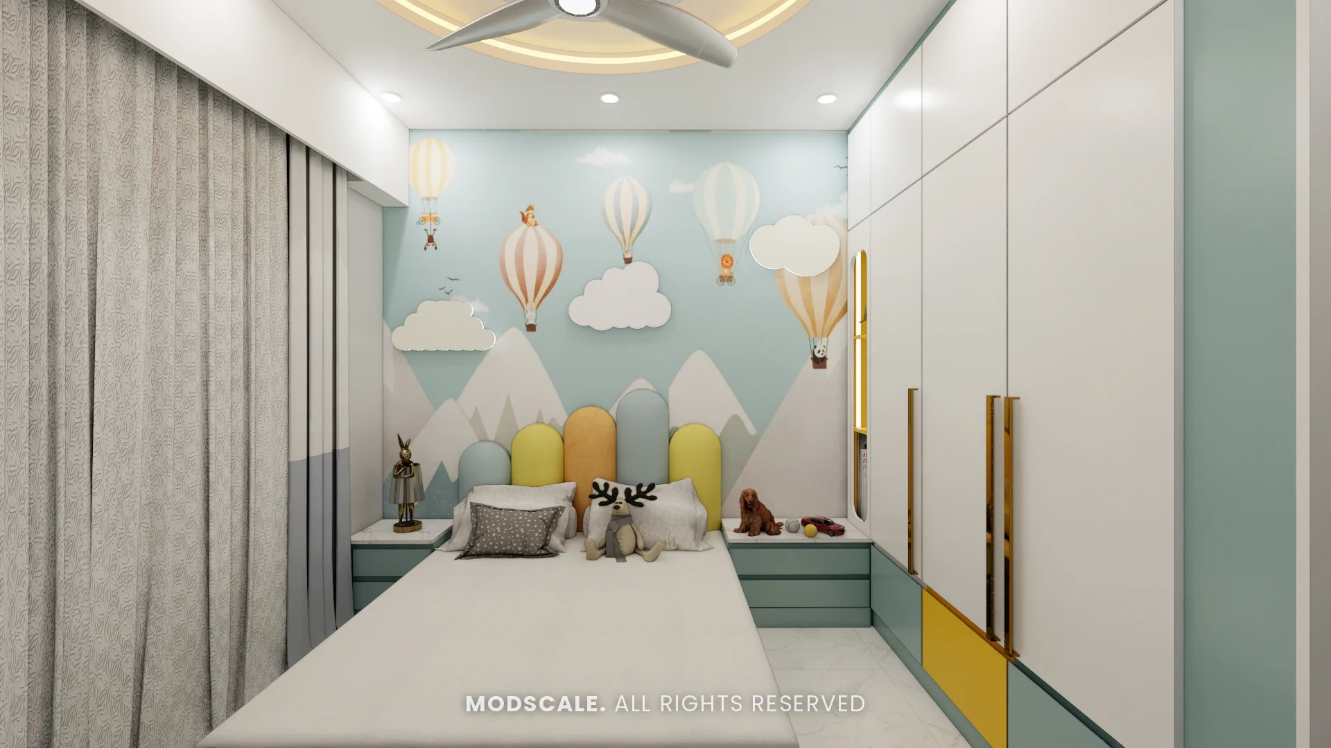 Kids bedroom with hot-air-balloon mural, cloud headboard and white wardrobe, Sumadhura Folium