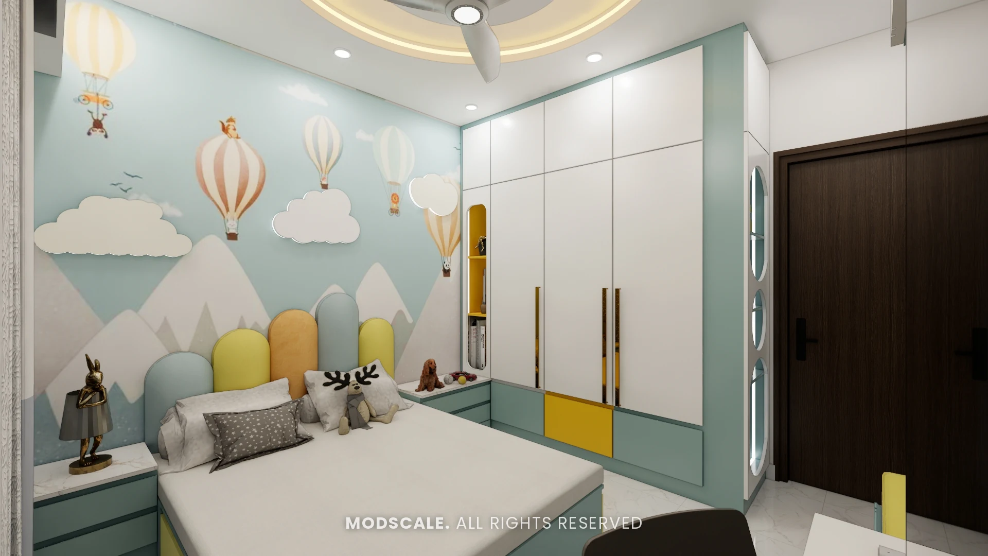 Kids bedroom with sky-blue and yellow wardrobe and mountain-themed wall, Sumadhura Folium interiors