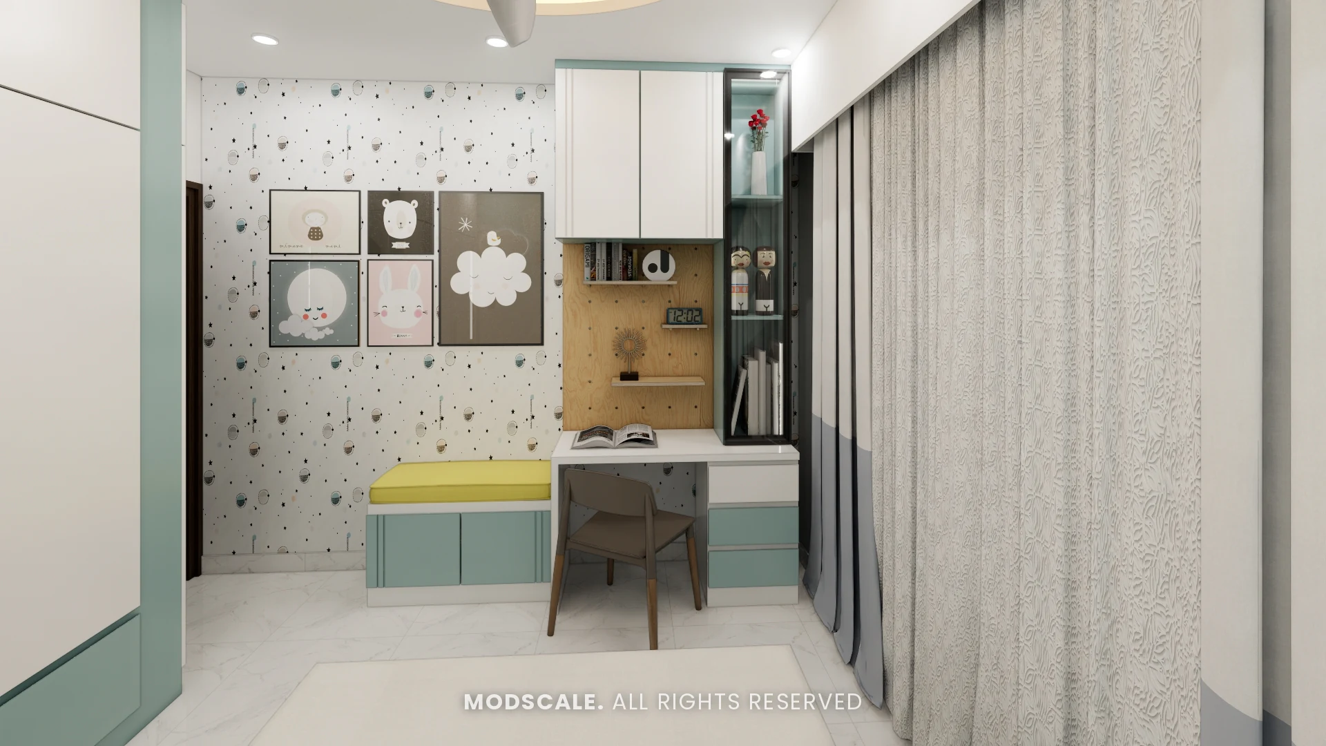 Kids study desk with pegboard, overhead storage and yellow window seat, Sumadhura Folium
