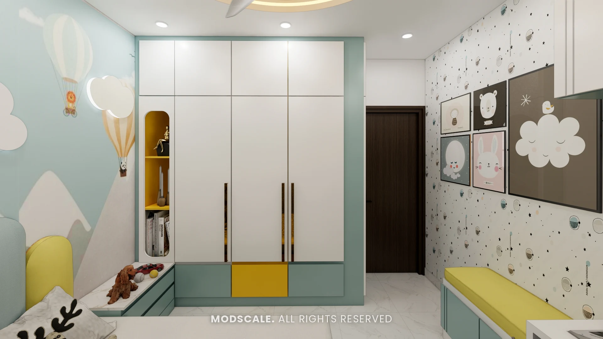 Kids bedroom wardrobe with yellow drawers and terrazzo-pattern study wall, Sumadhura Folium