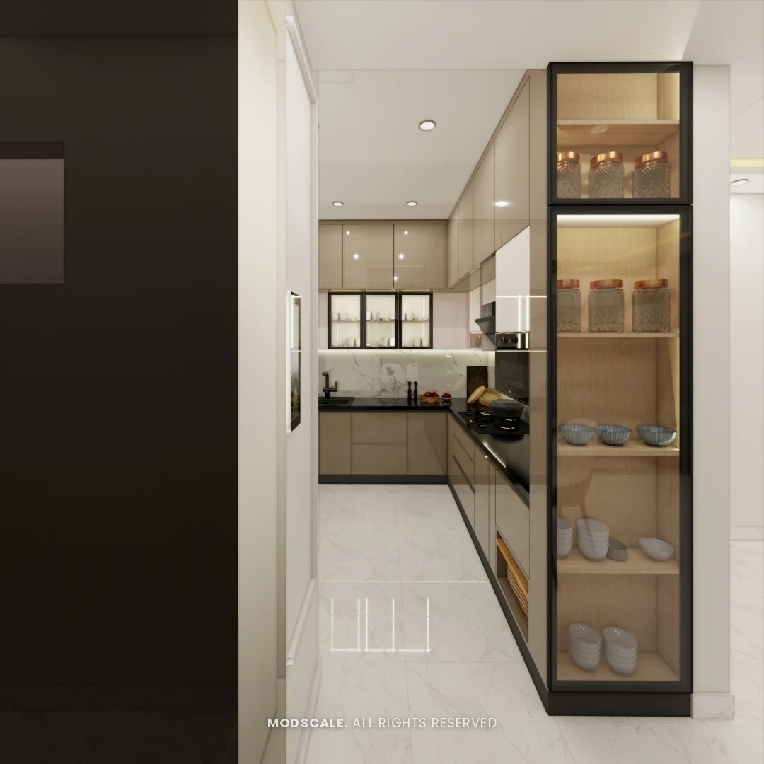 Kitchen entry with tall glass-fronted crockery unit at the Sumadhura Folium apartment
