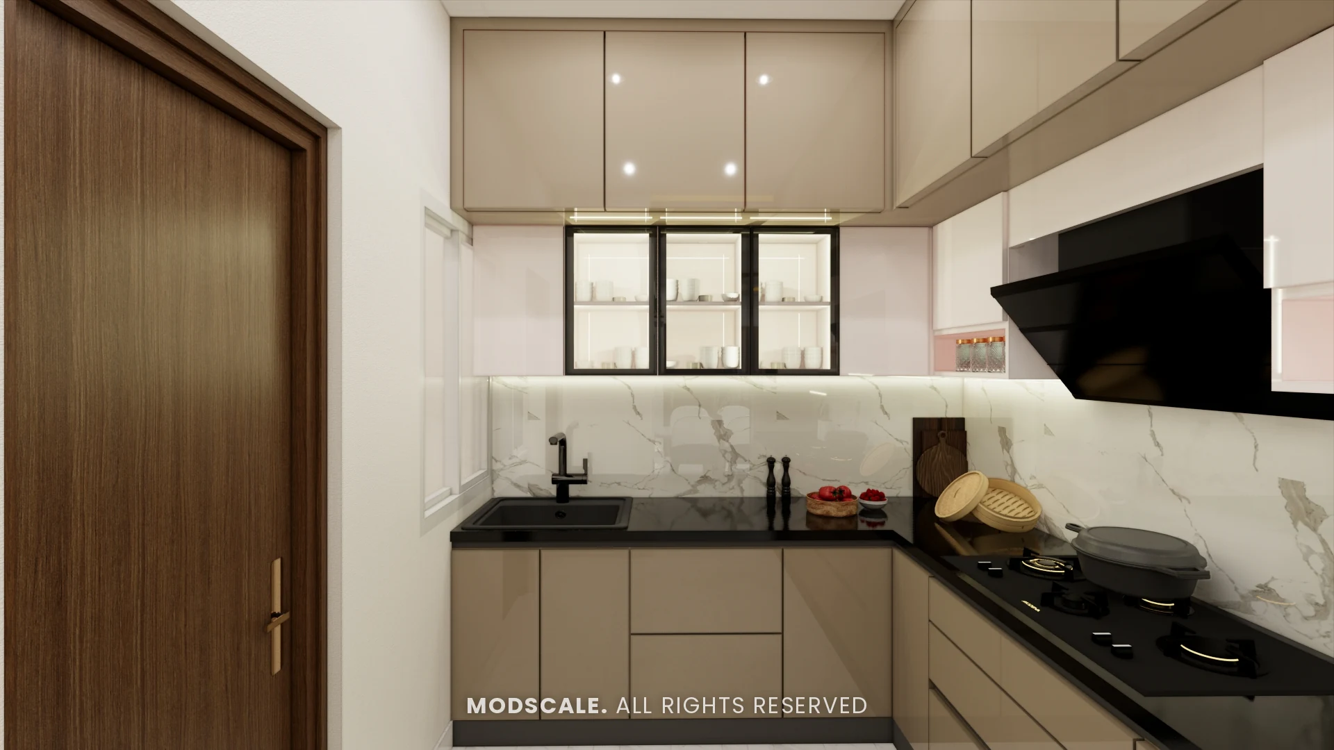 Modular kitchen with gloss shiitake and creme shutters, black granite counter and chimney, Sumadhura Folium
