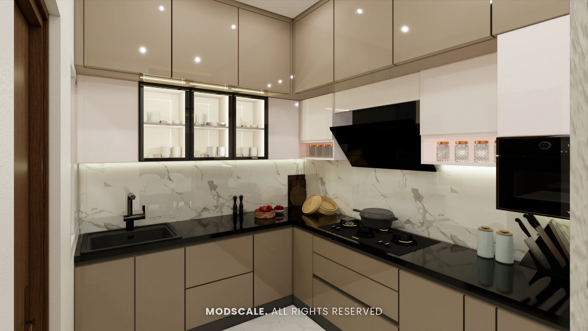 L-shaped modular kitchen with overhead loft storage and marble-finish backsplash, Sumadhura Folium