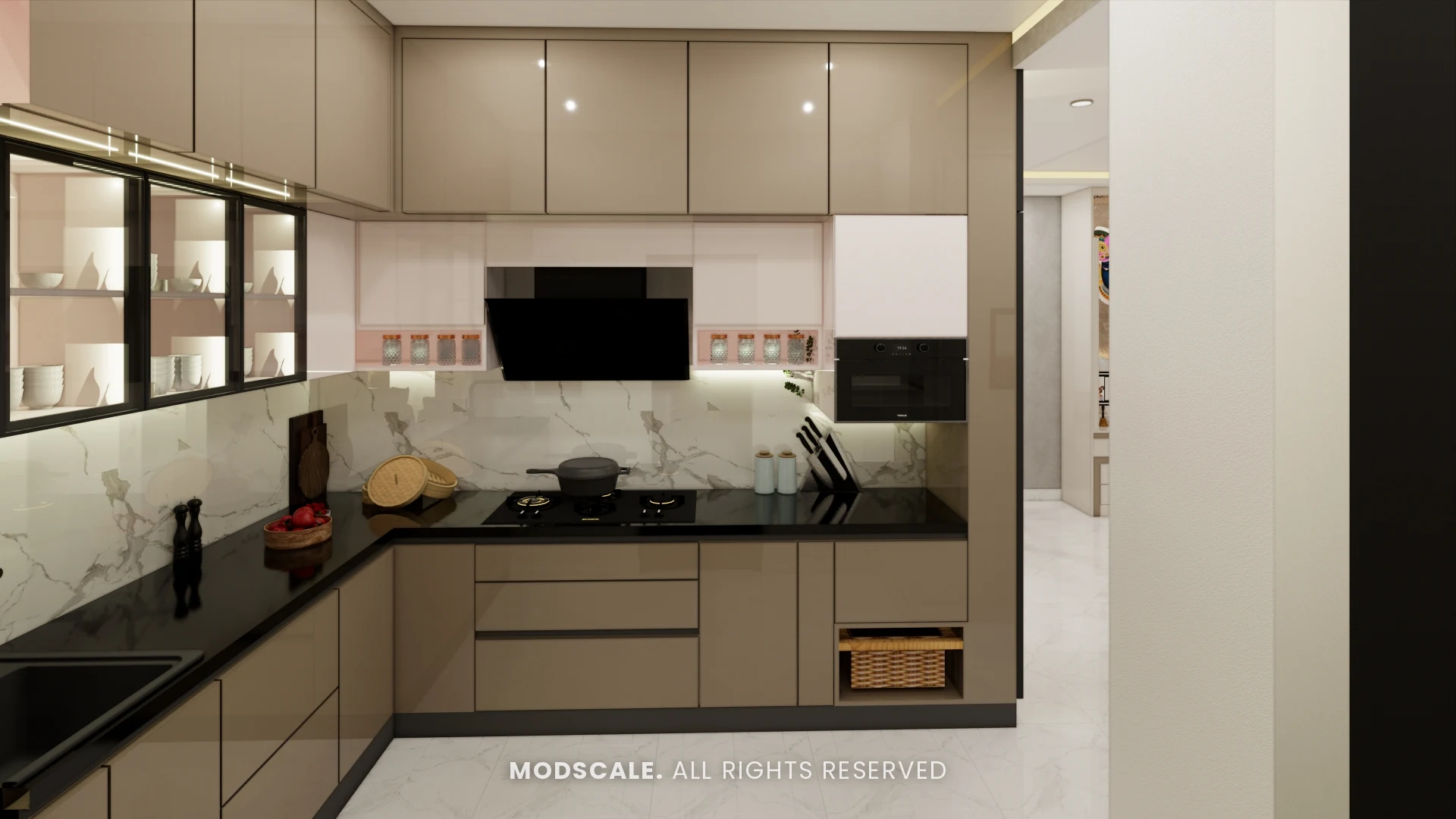 Modular kitchen with tall unit, glass-shutter wall cabinets and under-cabinet lighting, Sumadhura Folium
