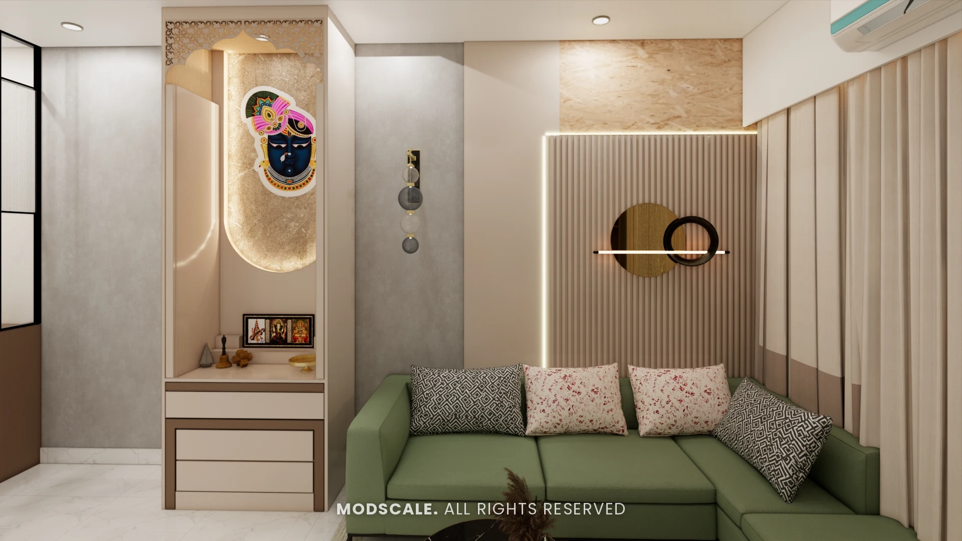 Living room sofa wall with fluted panelling, backlit arch niche and sage green L-shaped sofa at Sumadhura Folium