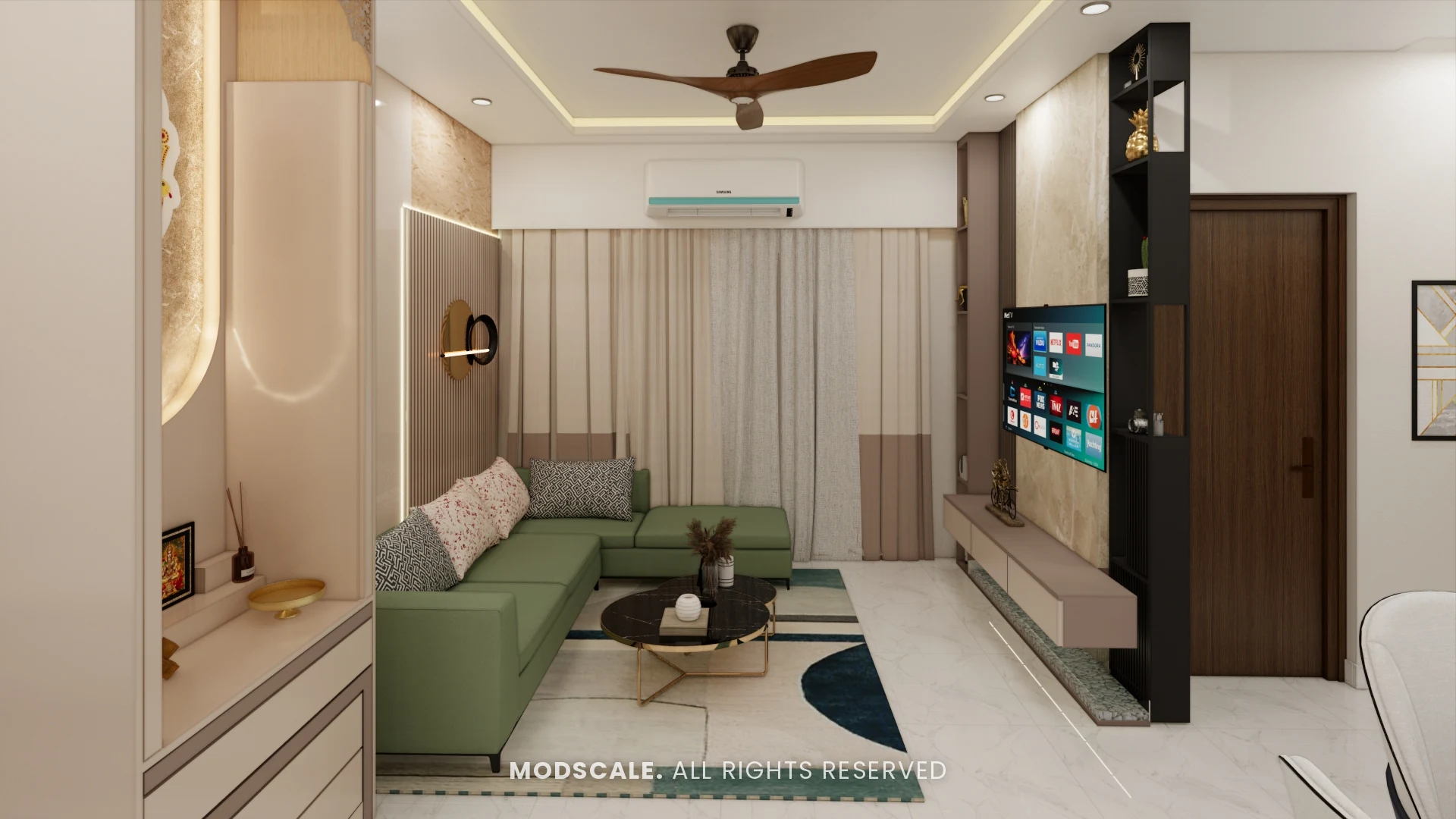 Living room looking towards the TV unit and dining area in the Sumadhura Folium apartment design
