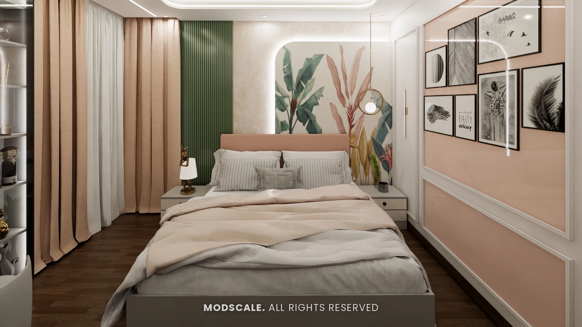 Master bedroom with upholstered bed, botanical wallpaper and peach fluted wall panel, Sumadhura Folium