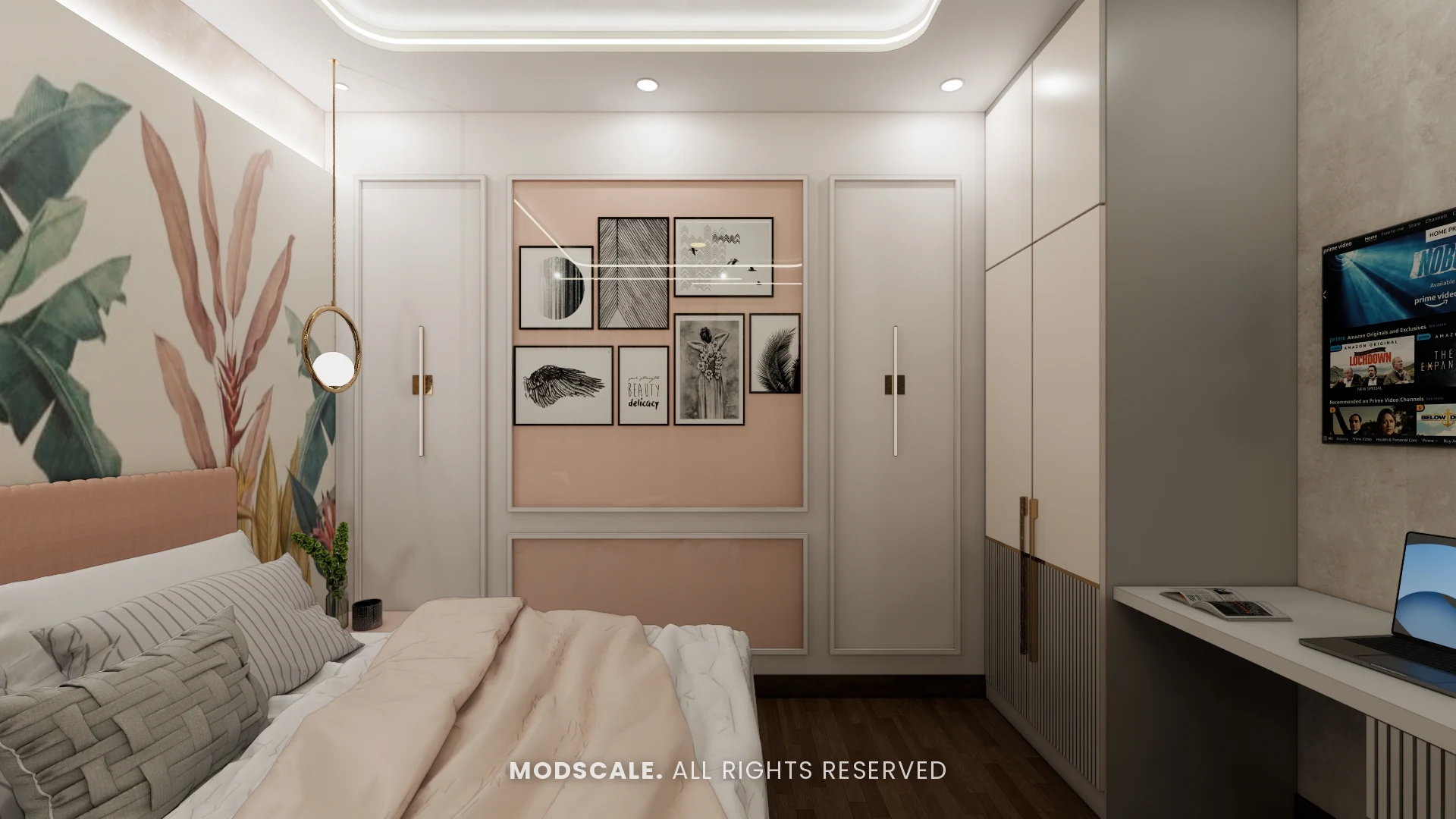Master bedroom gallery wall and hinged wardrobe with study counter, Sumadhura Folium interior design
