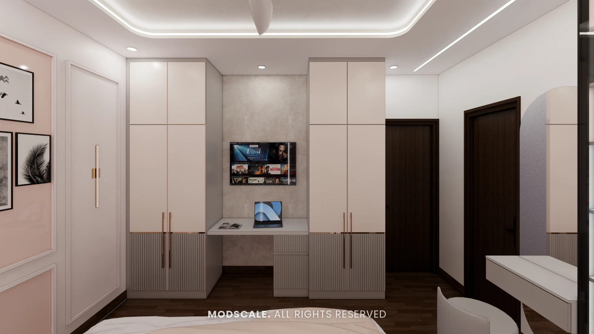 Master bedroom floor-to-ceiling wardrobes with central TV and dresser niche, Sumadhura Folium