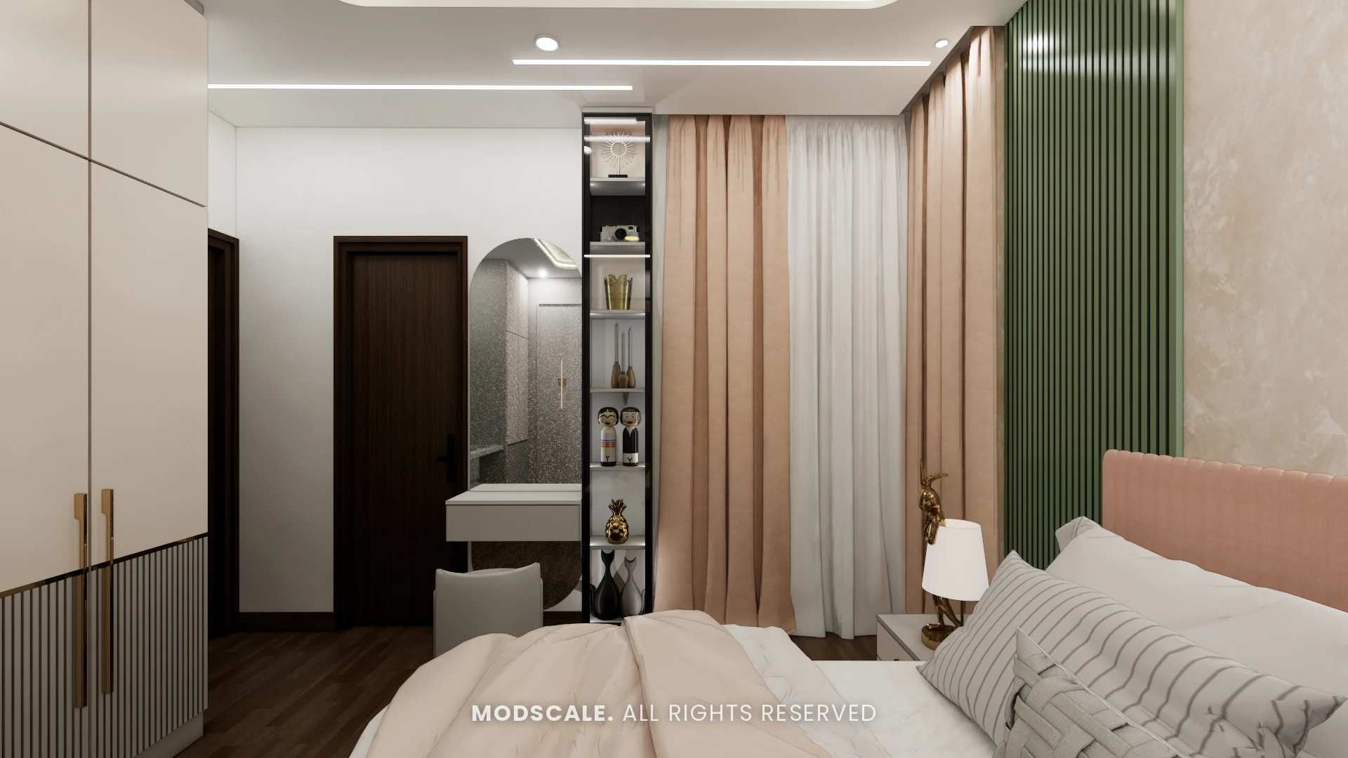 Master bedroom dressing corner with mirror and green fluted panel, Sumadhura Folium apartment