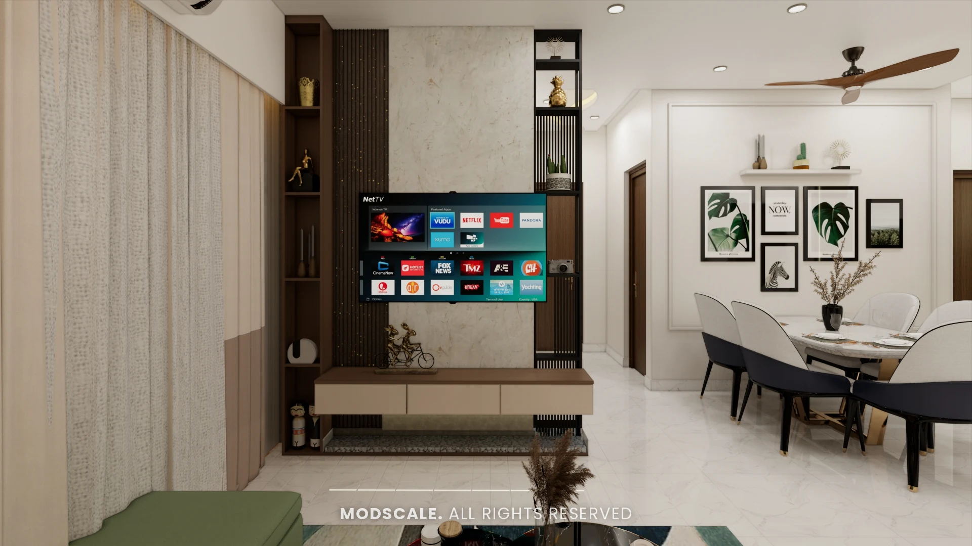 Wall-mounted TV unit with fluted side panels opening to the dining area, Sumadhura Folium apartment