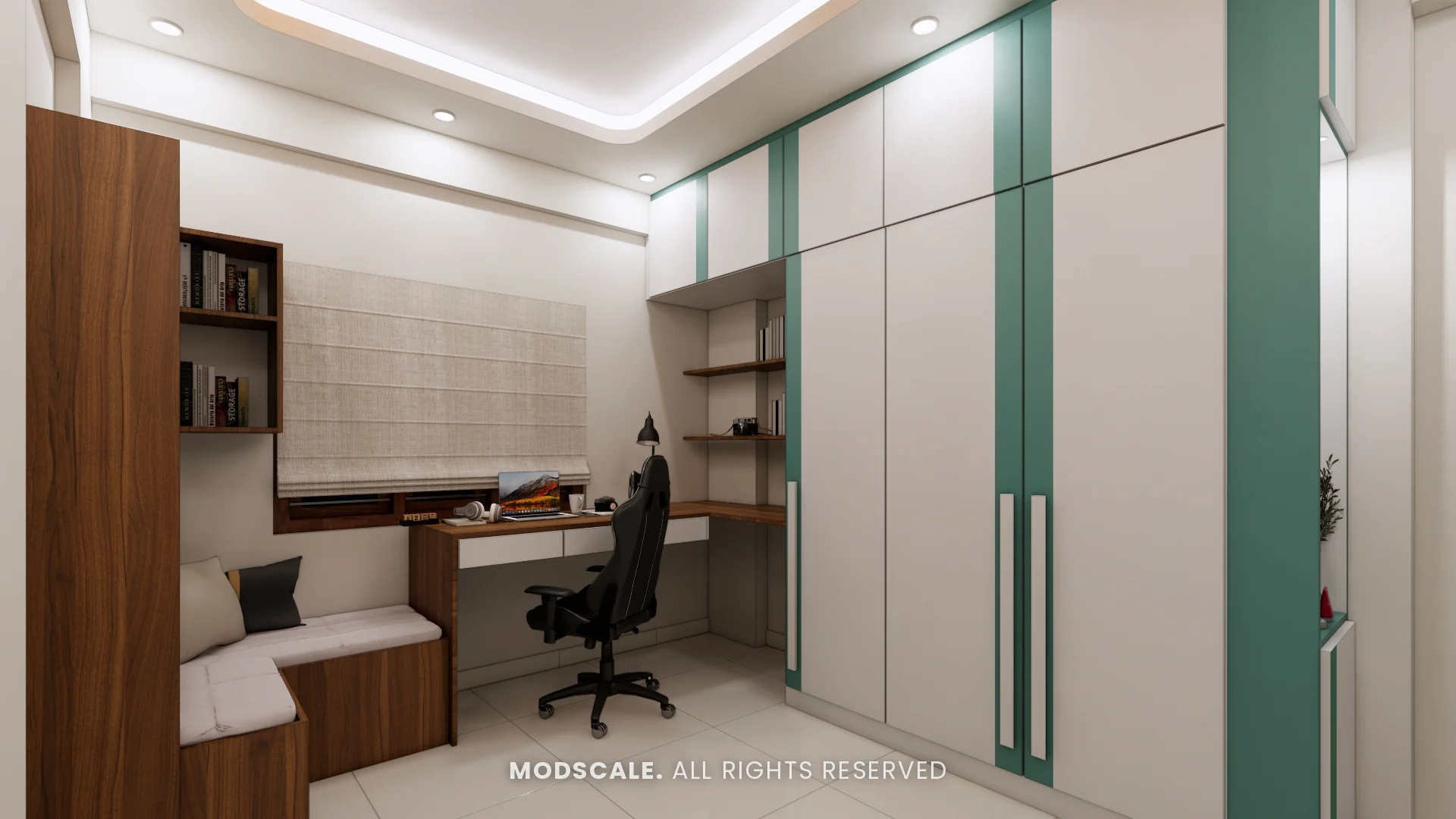 Off-white wardrobe with turquoise accent strips beside the study desk, Sumana’s home interior in Banashankari
