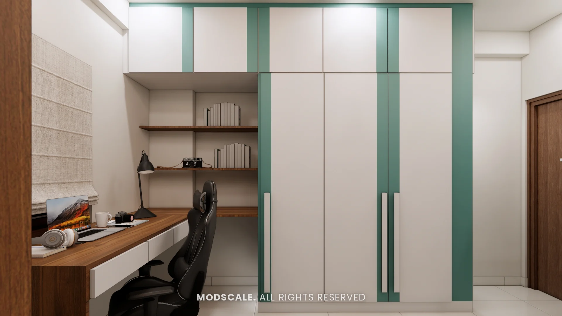 Study desk with open shelves next to full-height wardrobes, Sumana’s home interior in Banashankari