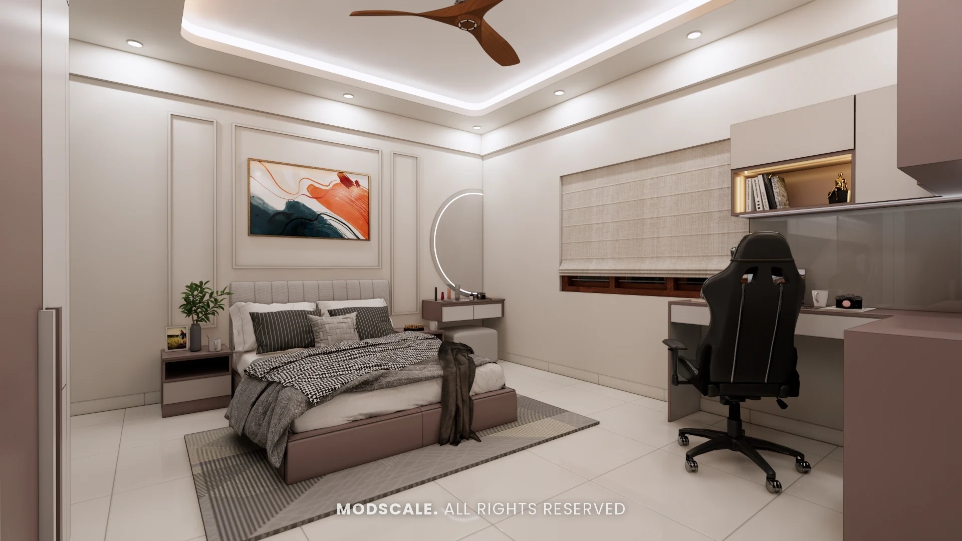 Bedroom with upholstered bed, wall art and study desk by the window, Sumana’s home interior in Banashankari