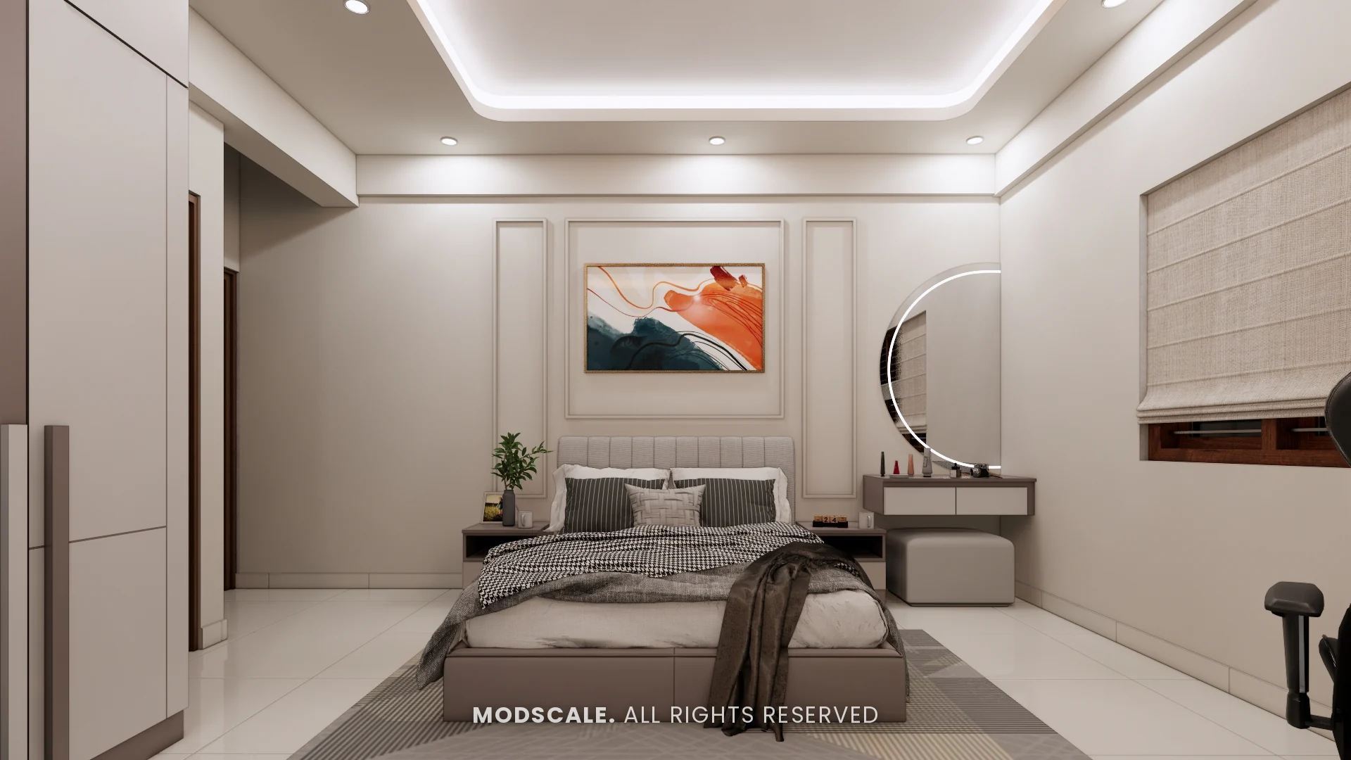 Bedroom headboard wall with panel mouldings and round mirror dresser, Sumana’s home interior in Banashankari