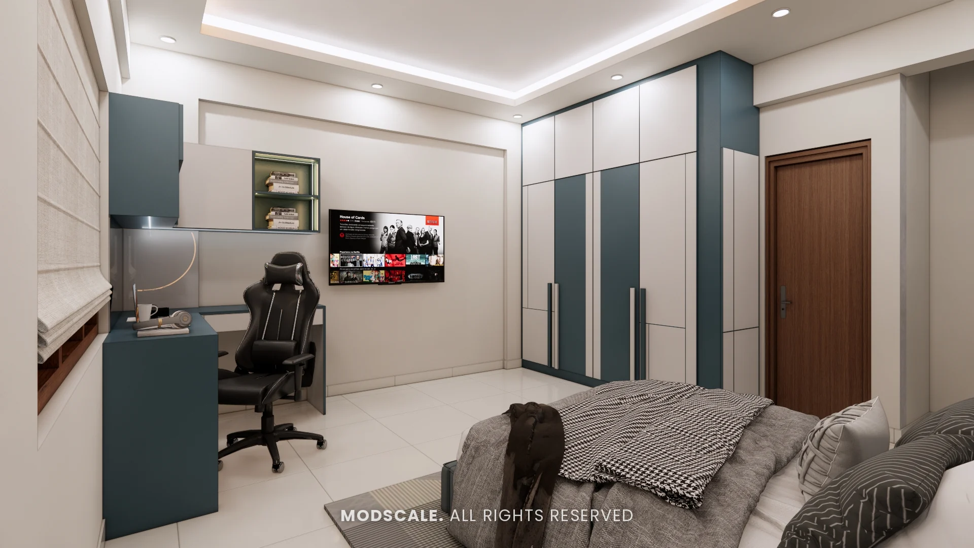 Bedroom study desk and wardrobe in grey dusk and blush laminate, Sumana’s home interior in Banashankari