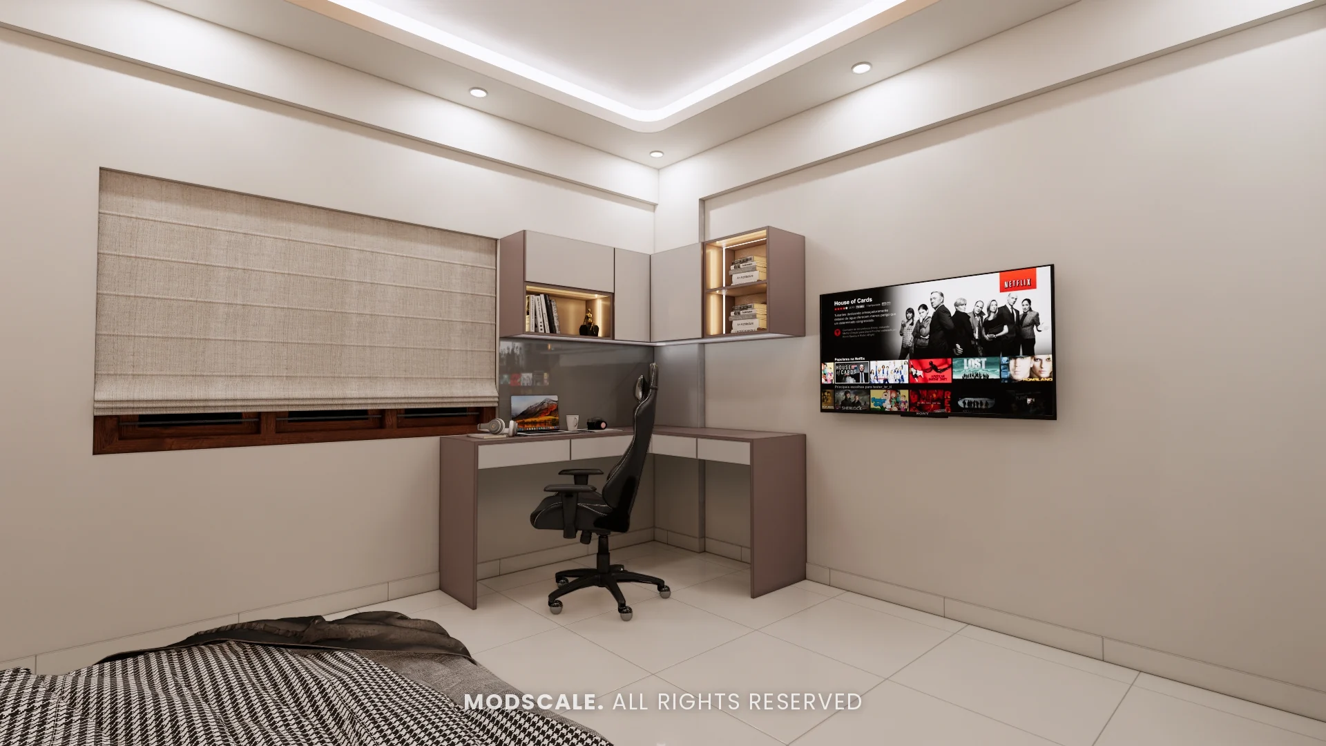 Study and TV wall with wall shelves and window blinds, Sumana’s home interior in Banashankari
