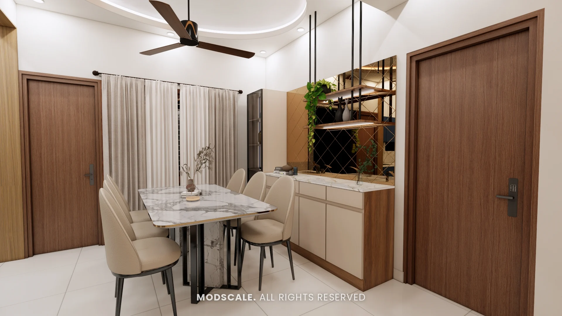 Dining area with marble-top table, upholstered chairs and crockery unit, Sumana’s home interior in Banashankari