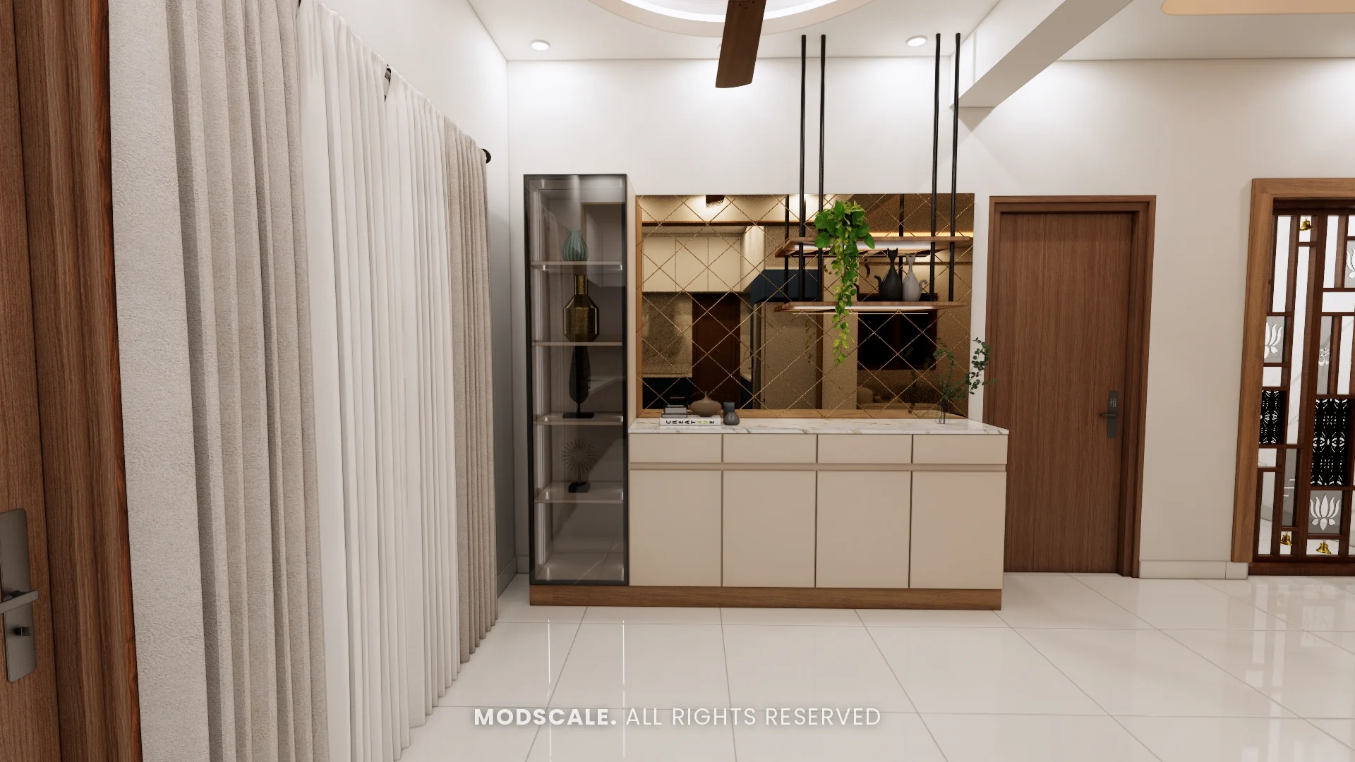 Dining crockery unit with glass shutters and counter, Sumana’s home interior in Banashankari