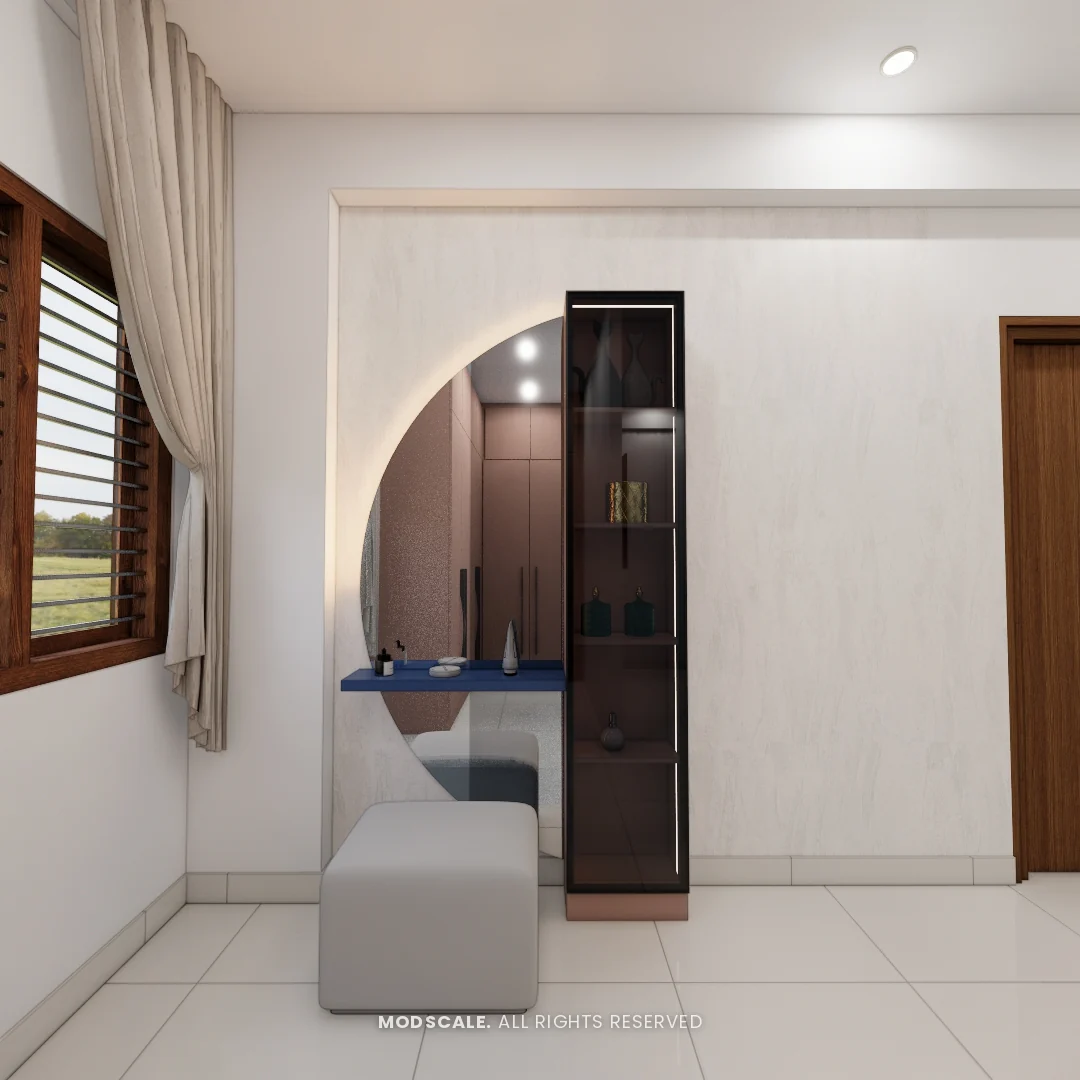 Master bedroom dressing area with arched niche and dresser, Sumana’s home interior in Banashankari