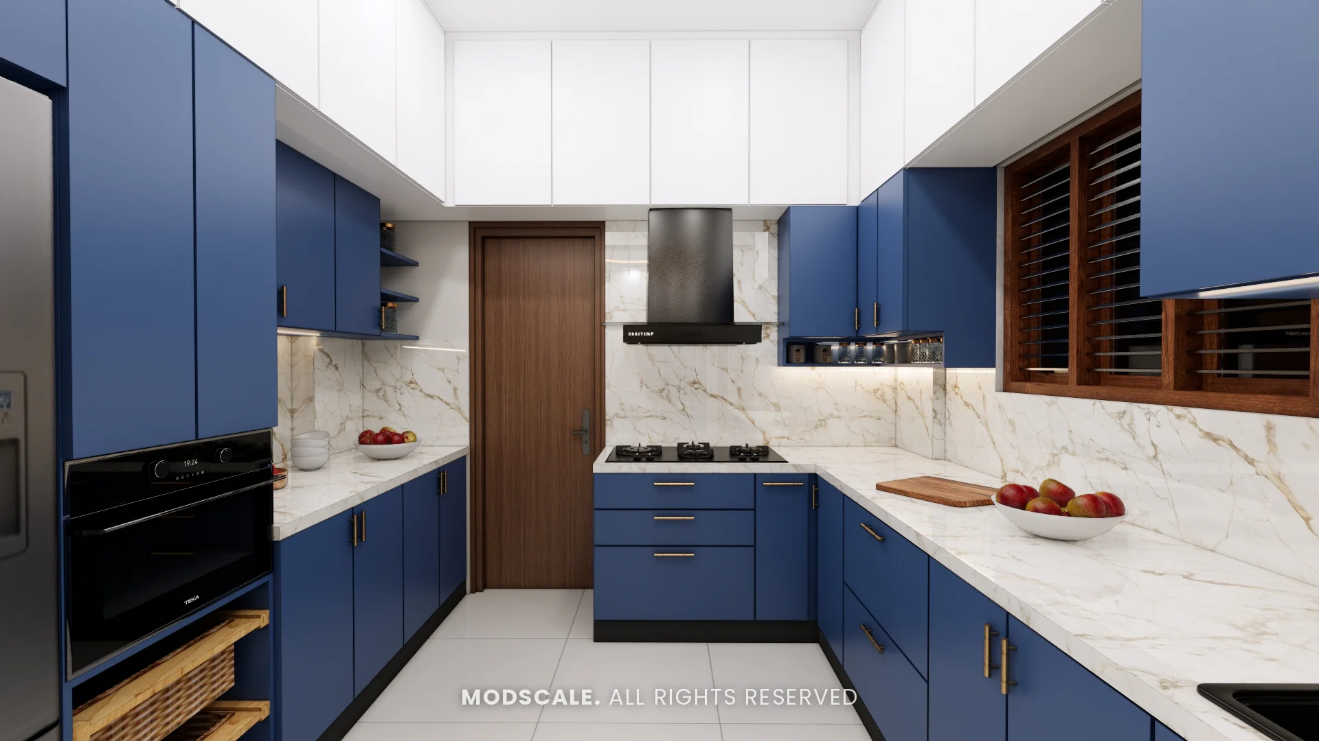 Modular kitchen with space blue cabinets, white marble-finish counter and chimney, Sumana’s home interior in Banashankari